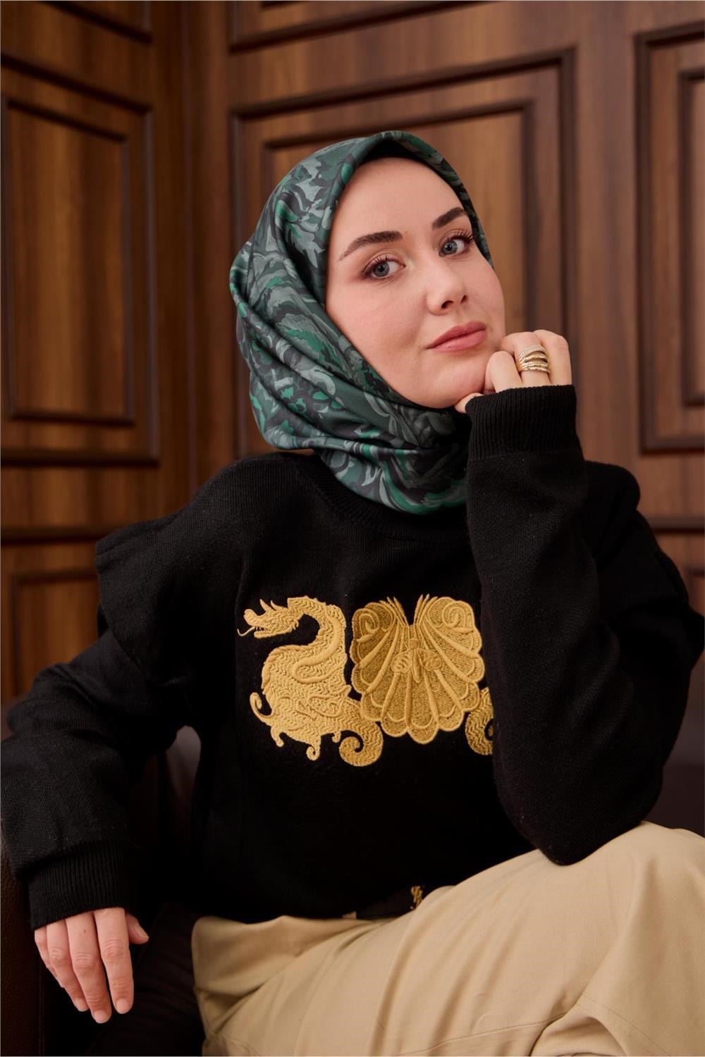 Twill İpek Eşarp Koyu Yeşil-Su Yeşili Desenli Tok Duruşlu 90x90