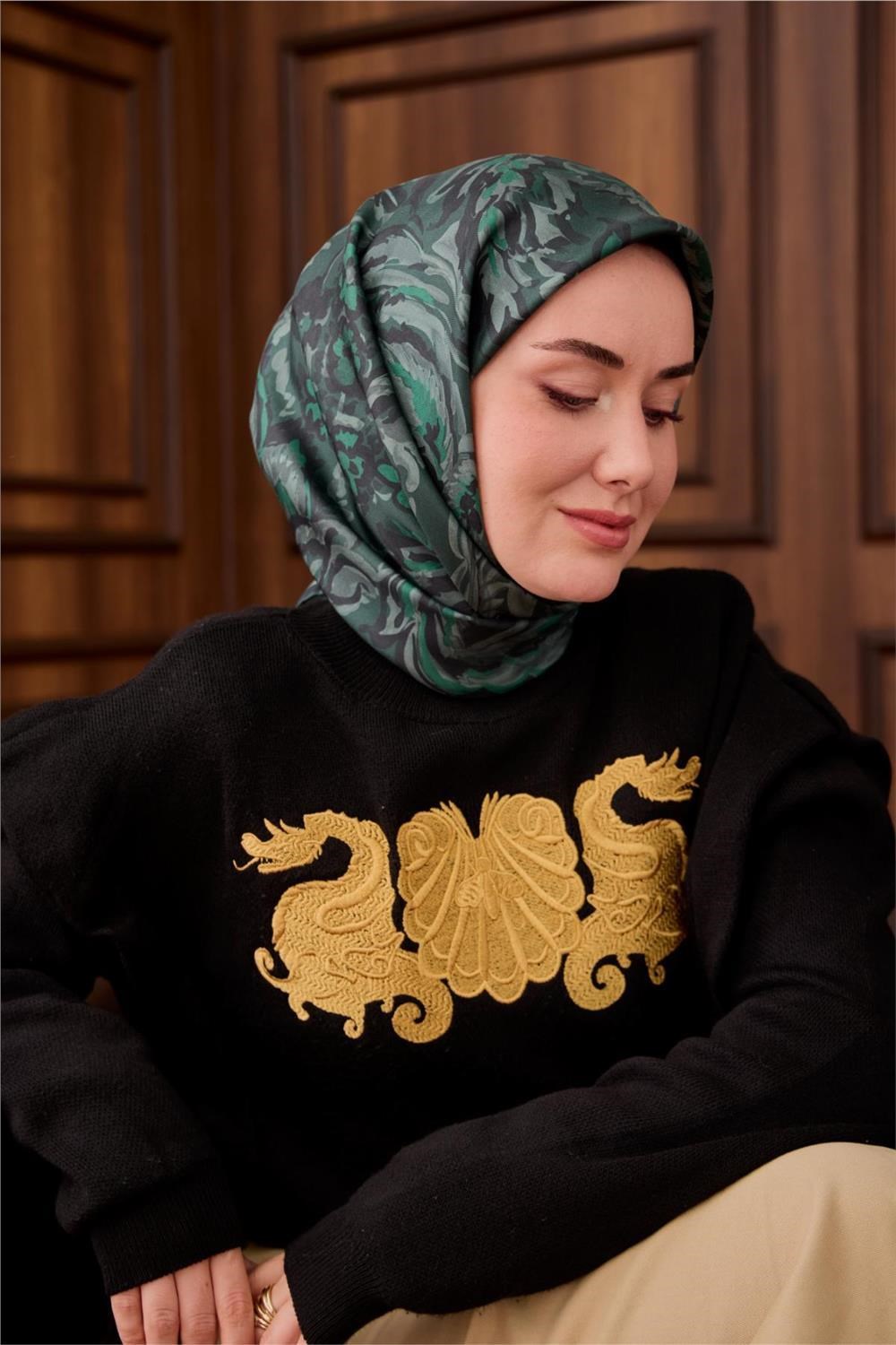 Twill İpek Eşarp Koyu Yeşil-Su Yeşili Desenli Tok Duruşlu 90x90