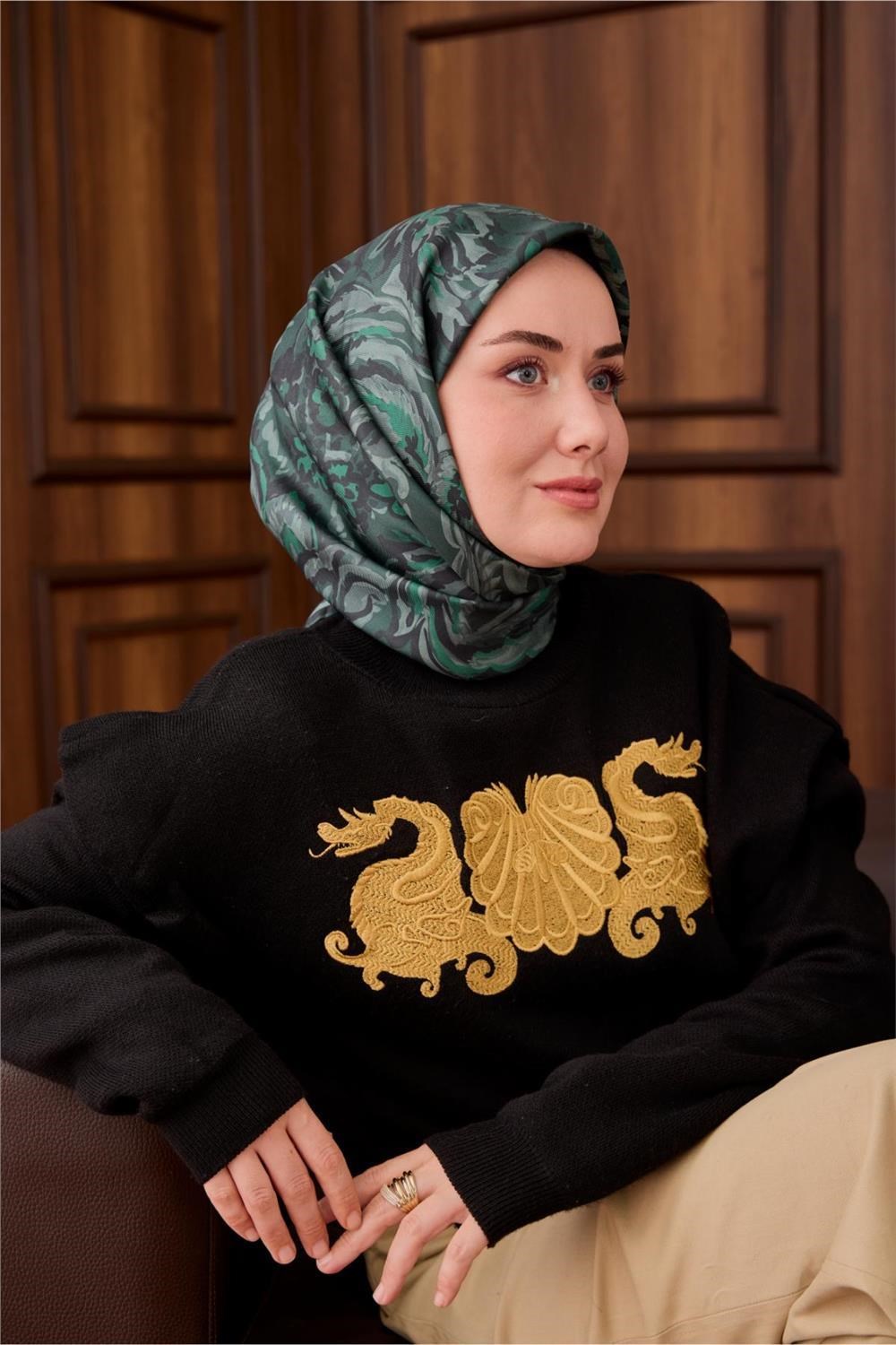 Twill İpek Eşarp Koyu Yeşil-Su Yeşili Desenli Tok Duruşlu 90x90