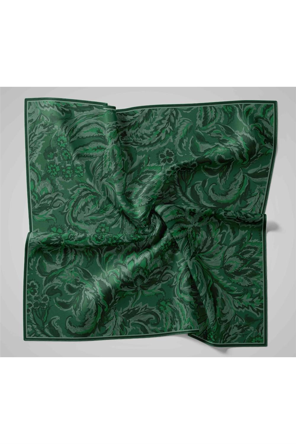 Twill İpek Eşarp Koyu Yeşil-Su Yeşili Desenli Tok Duruşlu 90x90