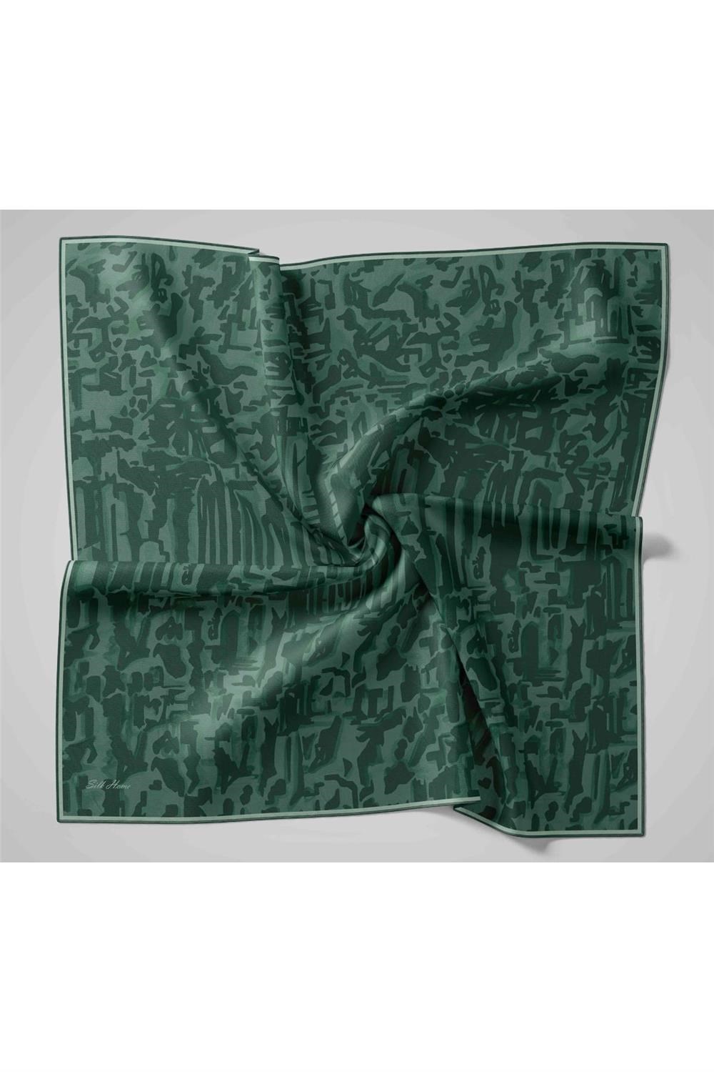 Twill İpek Eşarp Koyu Yeşil–Patina–Su Yeşili Desenli Tok Duruşlu 90x90
