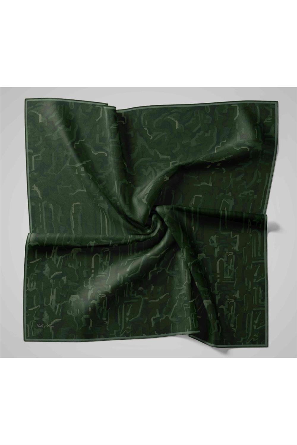 Twill İpek Eşarp Koyu Yeşil–Yeşil–Yeşil Gri Desenli Tok Duruşlu 90x90