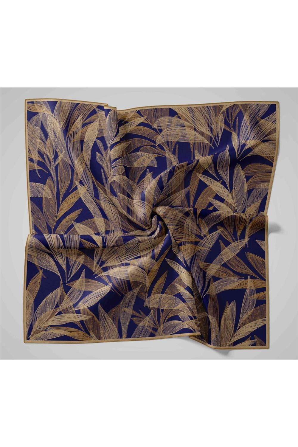 Twill İpek Eşarp Lacivert-Açık Gold Gold Geçişli Kaymaz Tok Duruşlu 90x90