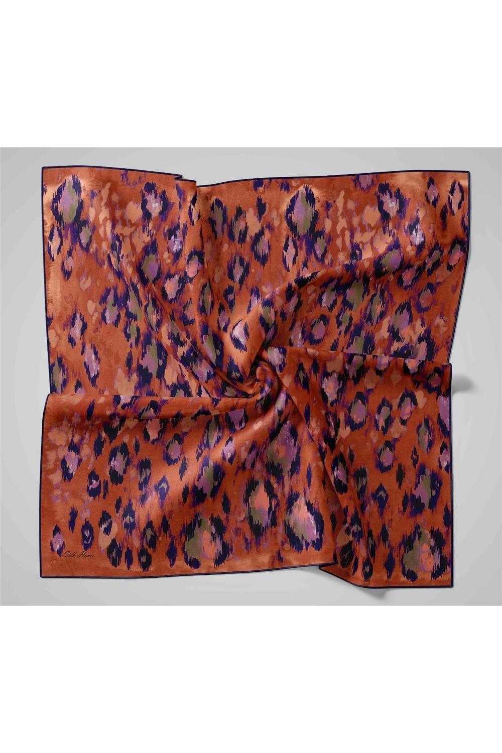Twill İpek Eşarp Lacivert-Bakır Desenli Tok Duruşlu 90x90