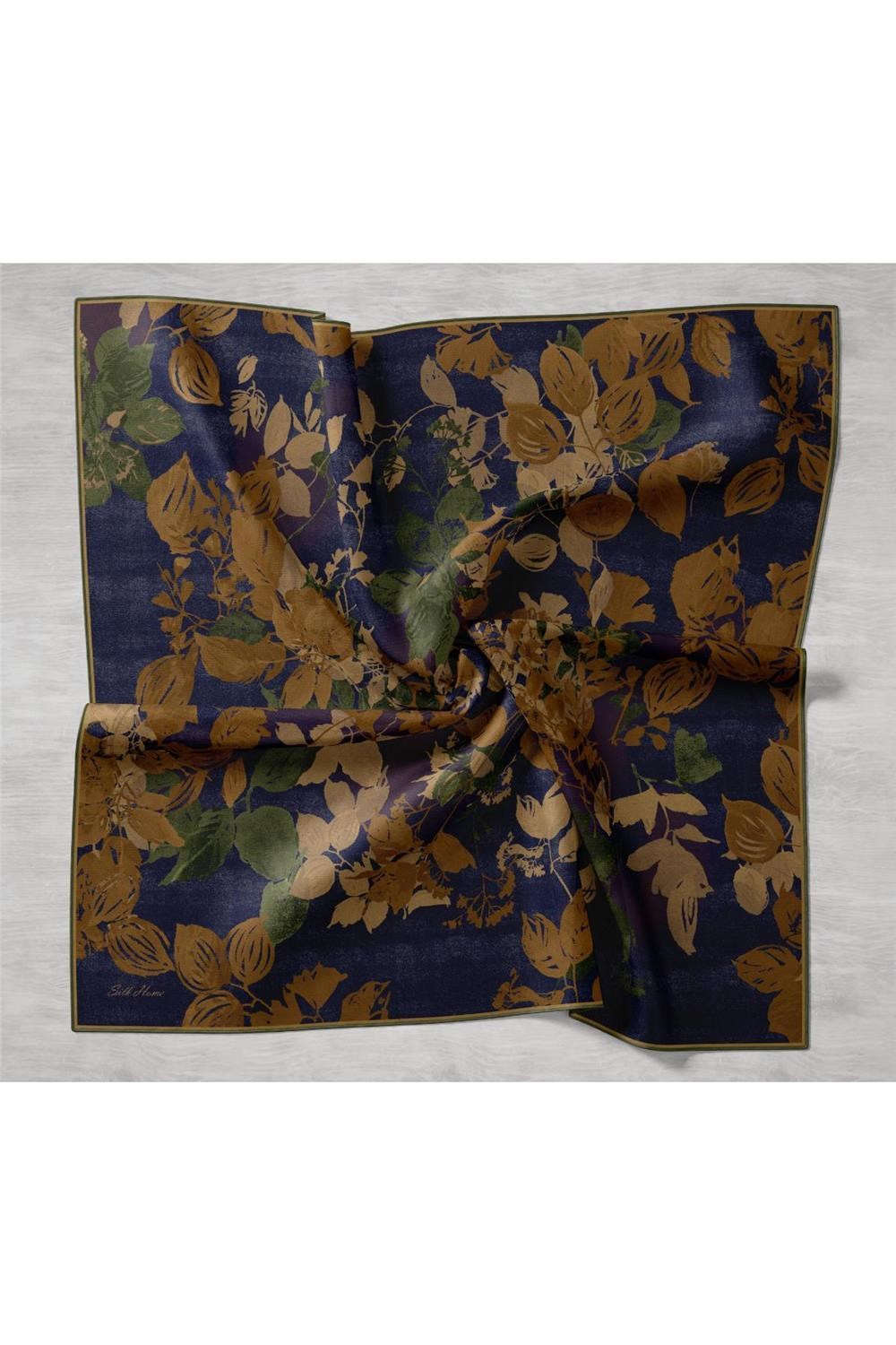 Twill İpek Eşarp Lacivert Çiçek Desenli Tok Duruşlu 90x90