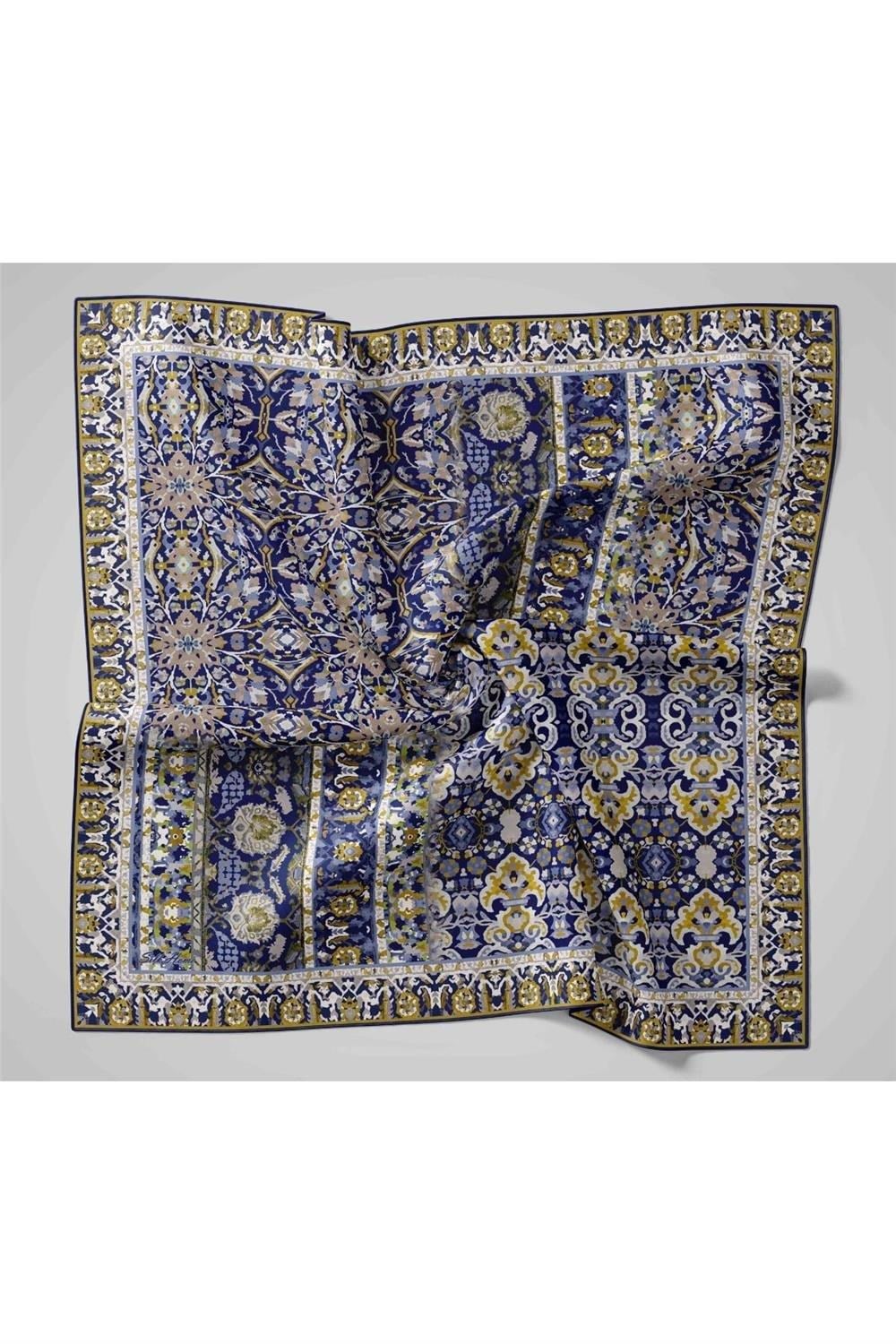 Twill İpek Eşarp Lacivert-Ekru Desenli Tok Duruşlu 90x90