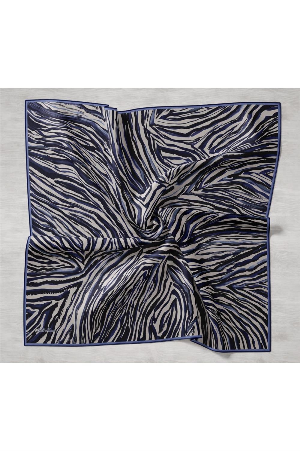 Twill İpek Eşarp Lacivert Ekru İndigo Dalga Desenli Tok Duruşlu 90x90