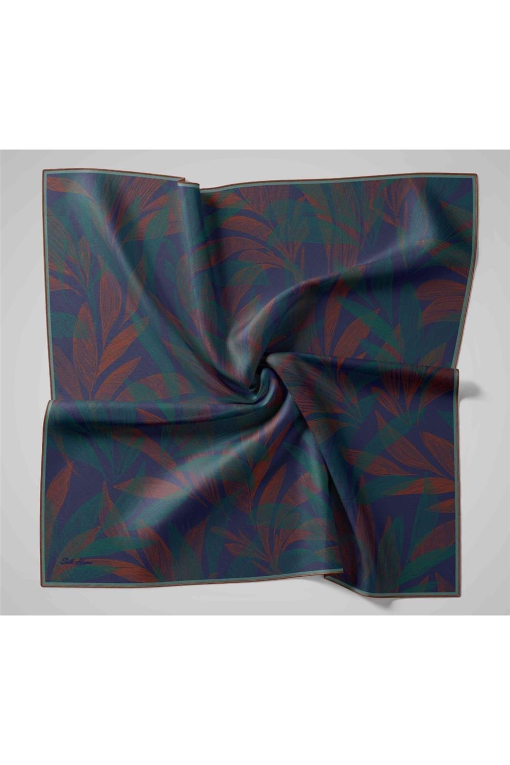 Twill İpek Eşarp Lacivert-Kiremit Desenli Tok Duruşlu 90x90