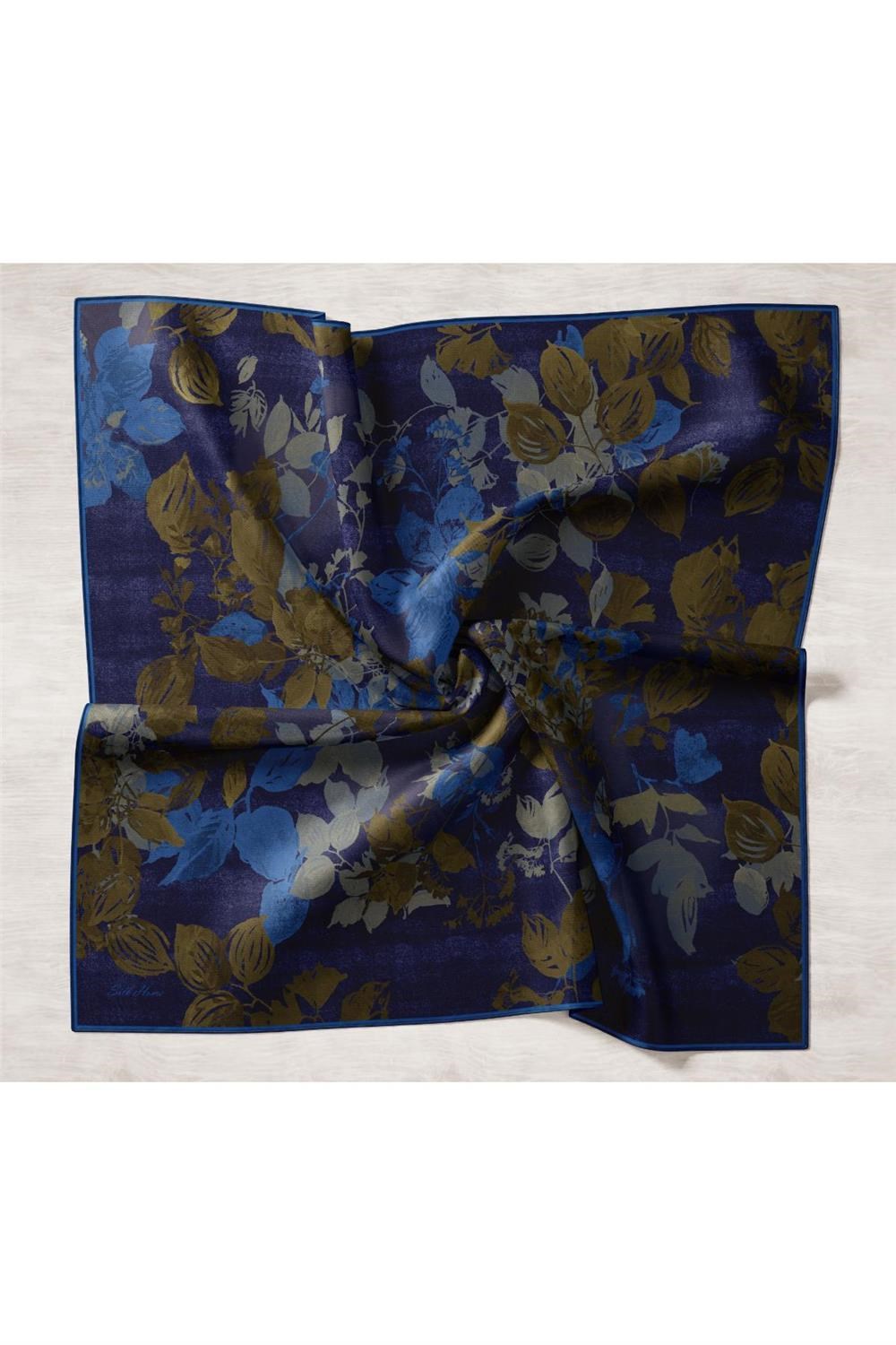 Twill İpek Eşarp Lacivert Mavi Yeşil Tonlu Desenli Tok Duruşlu 90x90