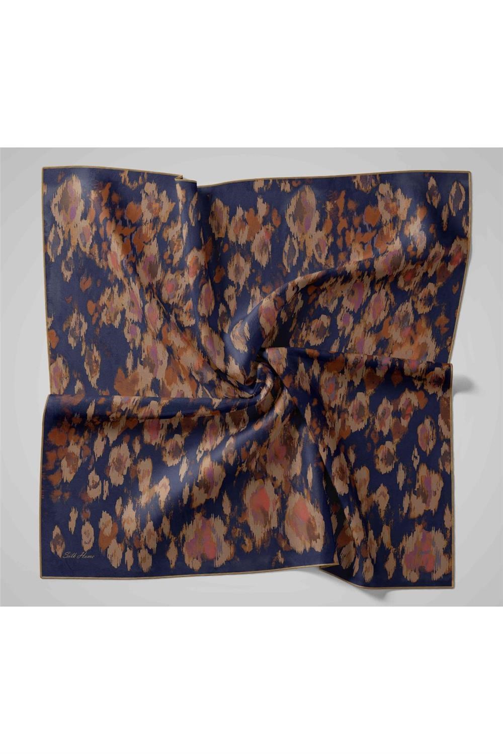 Twill İpek Eşarp Lacivert-Vizon Desenli Tok Duruşlu 90x90