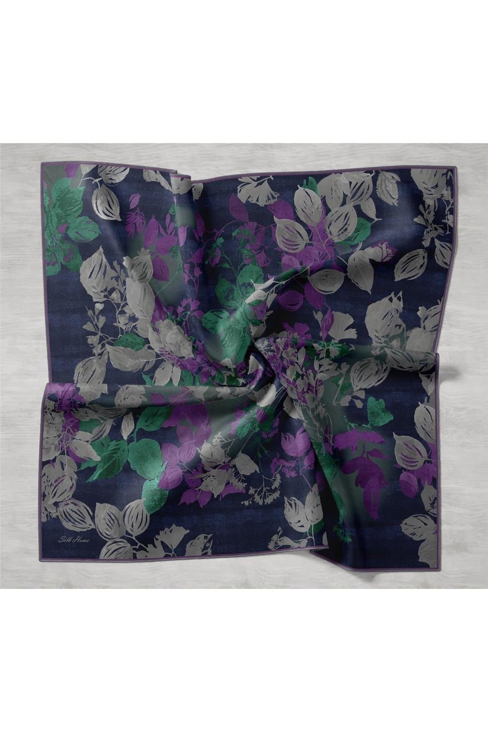 Twill İpek Eşarp Lacivert-Yeşil Çiçek Desenli Tok Duruşlu Kaymaz 90x90