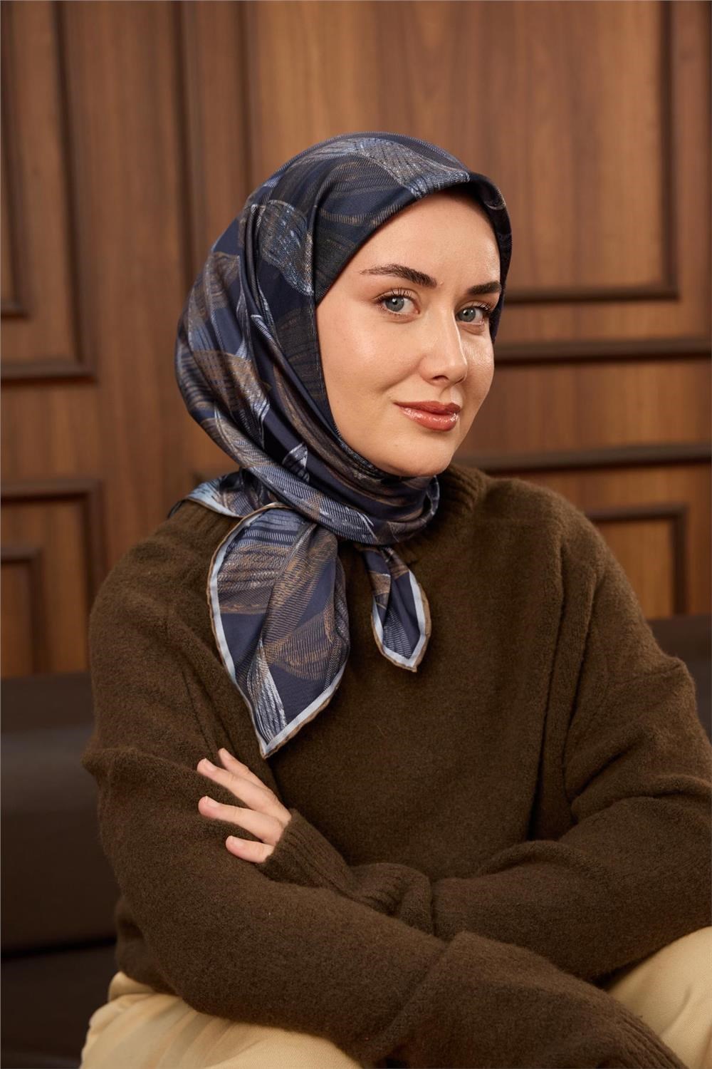 Twill İpek Eşarp Lacivert-Yeşil Kahve Bebe Mavi Geçişli Kaymaz Tok Duruşlu 90x90