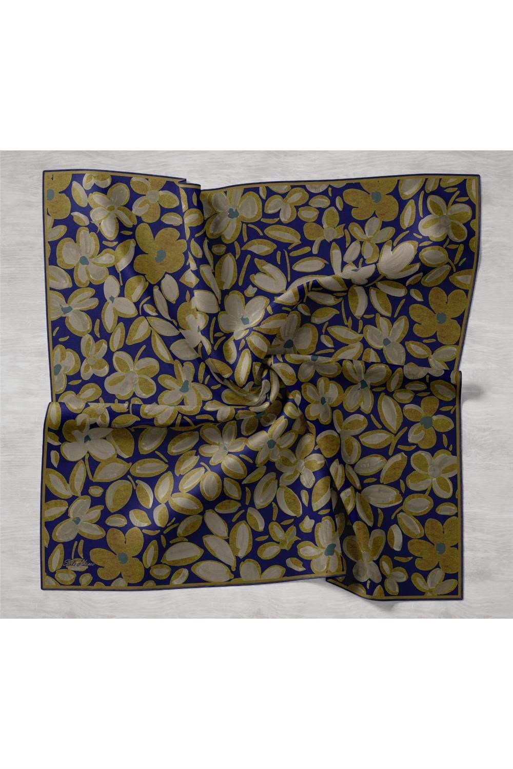 Twill İpek Eşarp Lacivert Yeşil Vizon Papatya Desenli Tok Duruşlu 90x90