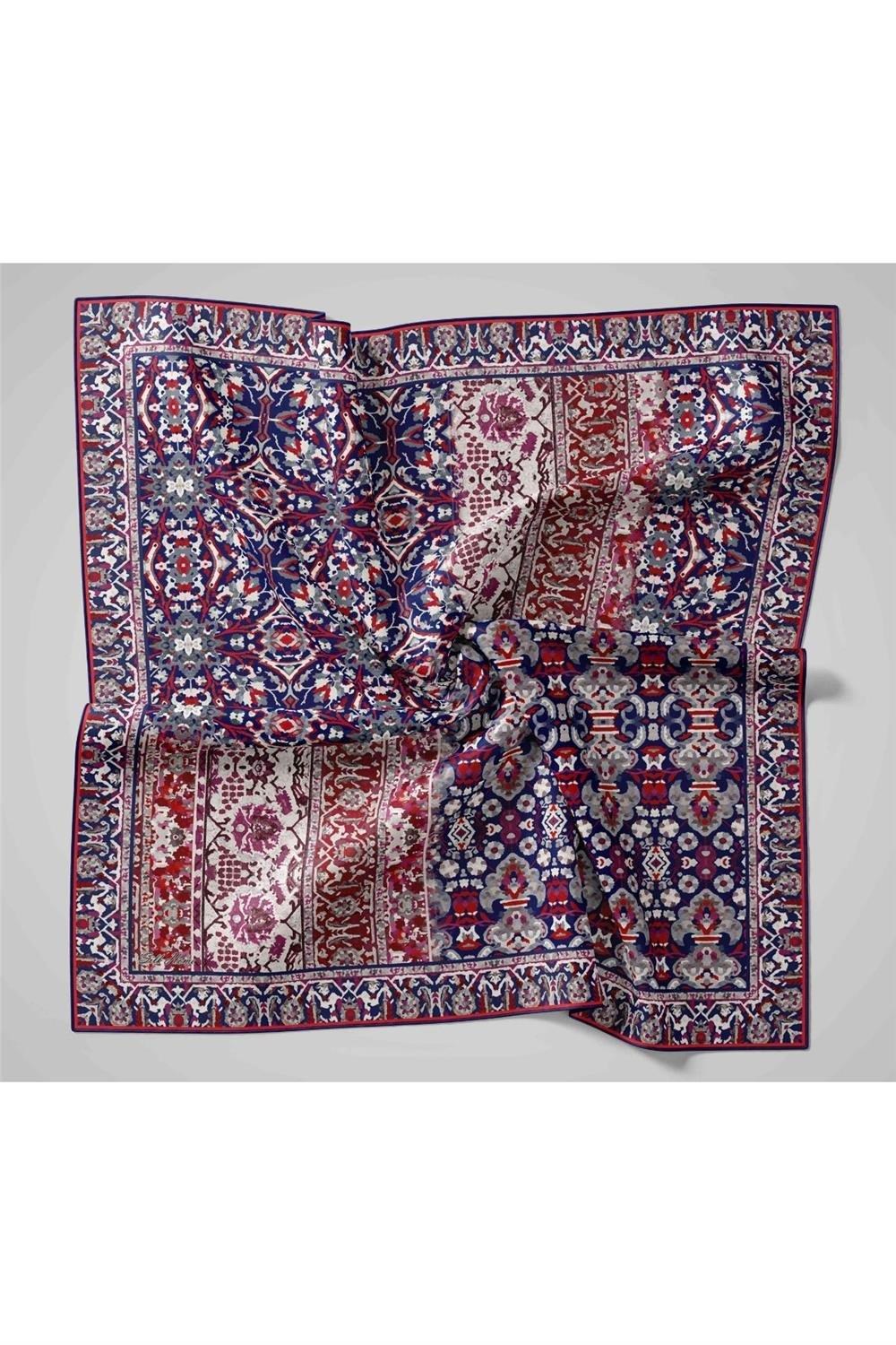 Twill İpek Eşarp Lacivert–Bordo Desenli Tok Duruşlu Kaymaz 90x90