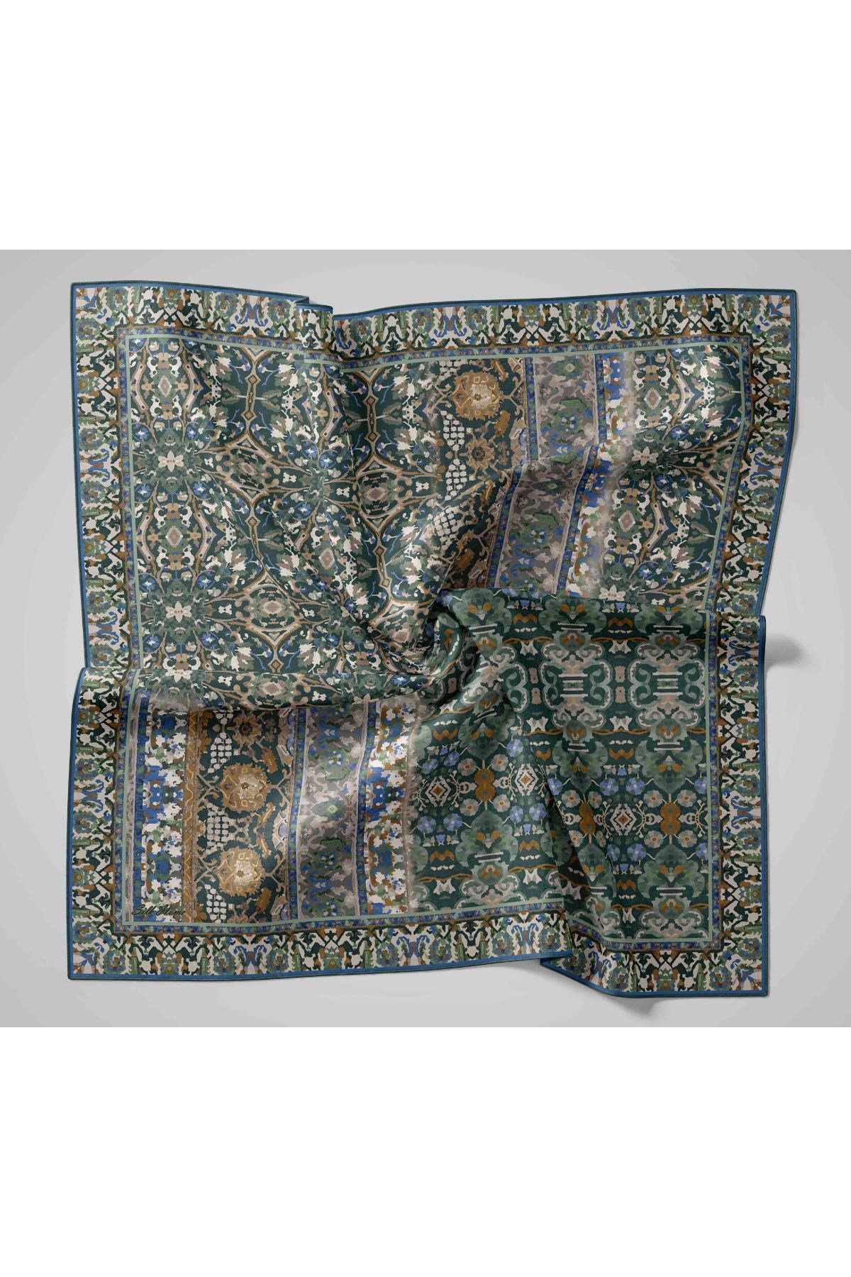 Twill İpek Eşarp Lacivert–Yağ Yeşili Desenli Tok Duruşlu Kaymaz 90x90