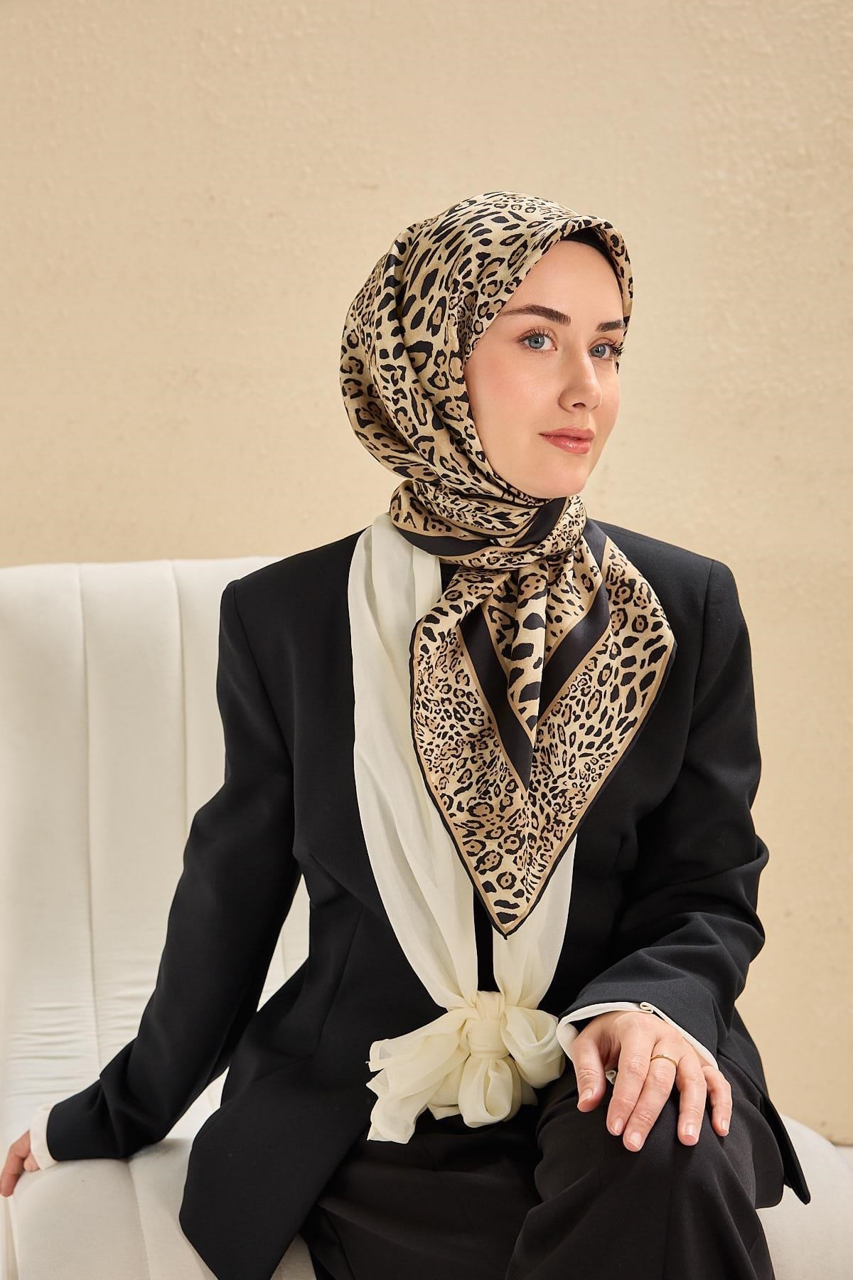 Twill İpek Eşarp Leopar Bej 90x90