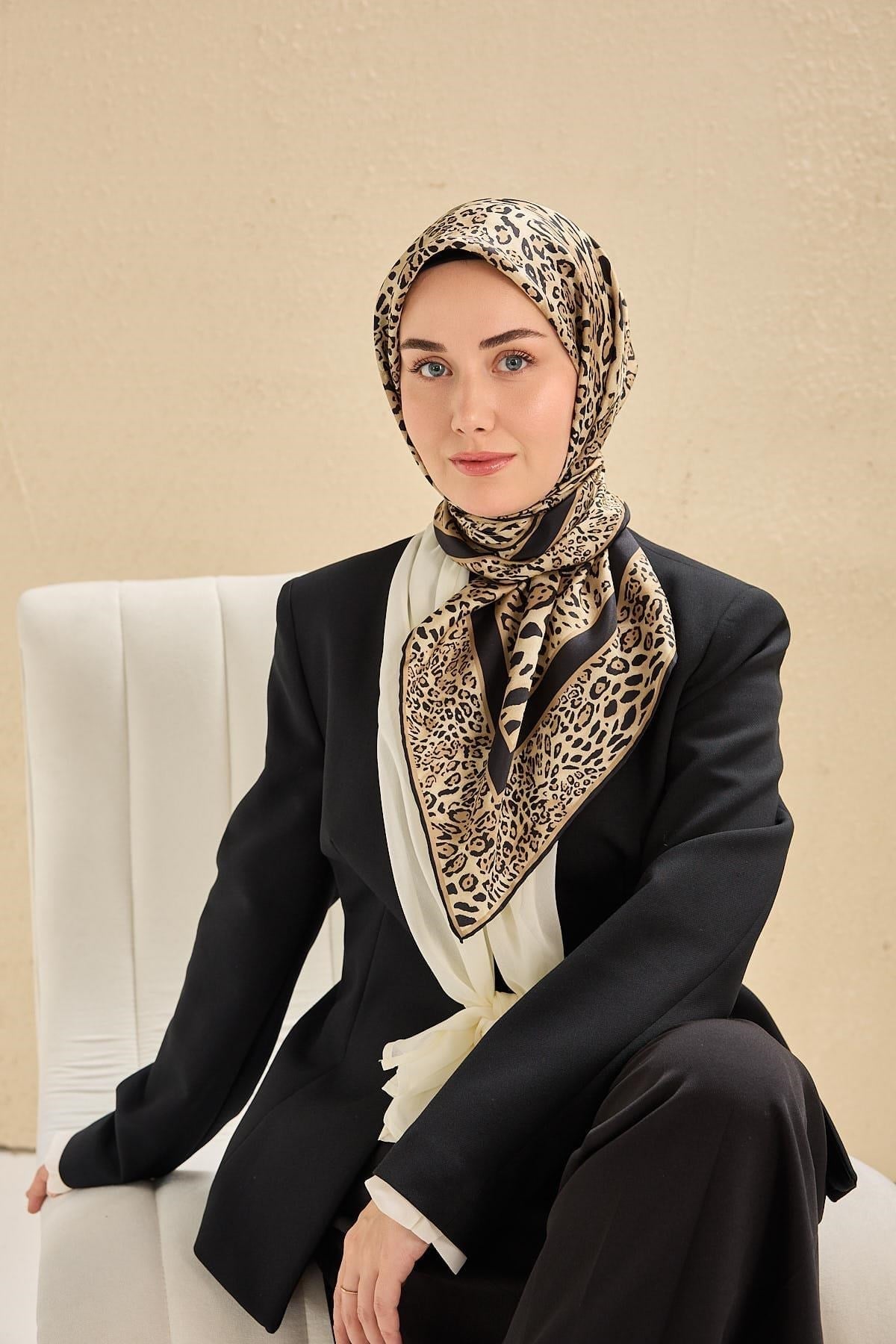 Twill İpek Eşarp Leopar Bej 90x90