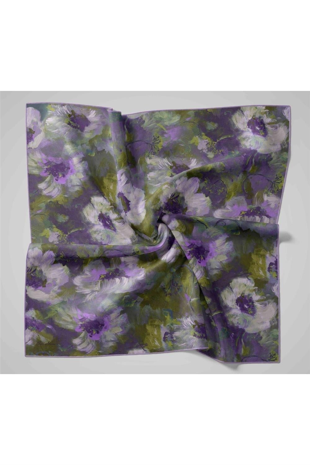 Twill İpek Eşarp Leylak-Yeşil Desenli Tok Duruşlu 90x90