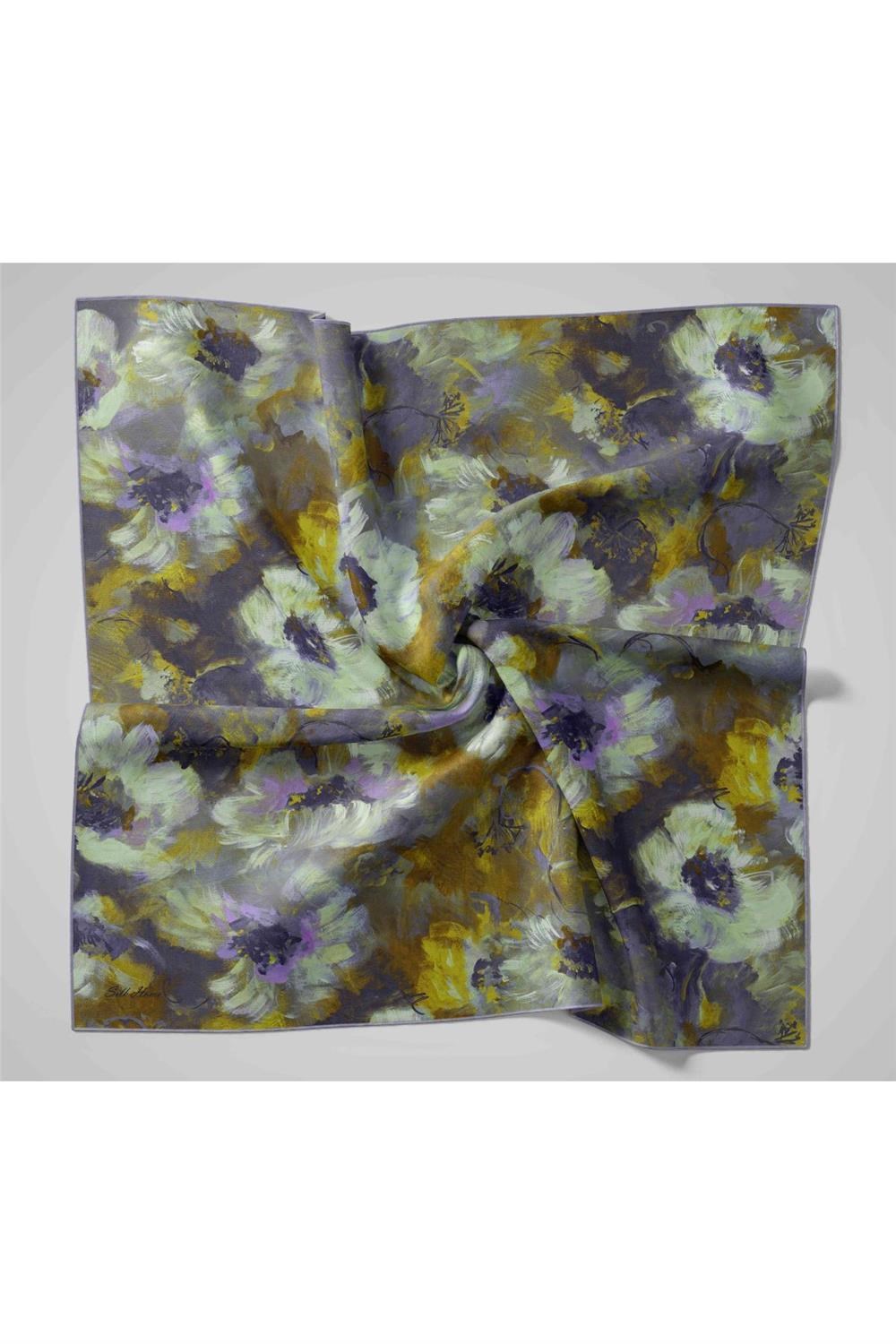 Twill İpek Eşarp Lila-Kına Yeşili Desenli Tok Duruşlu 90x90