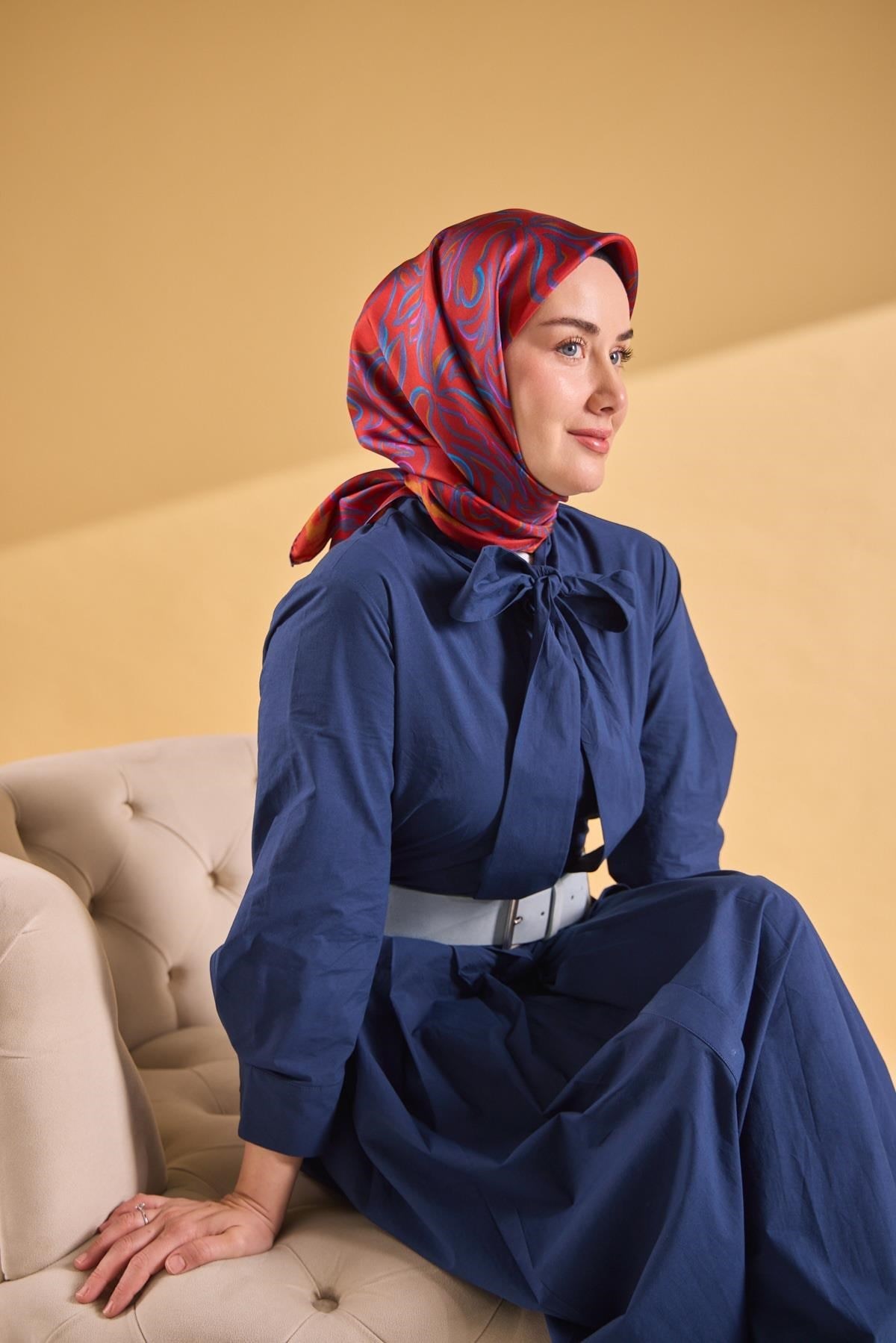 Twill İpek Eşarp Line Koyu Kiremit