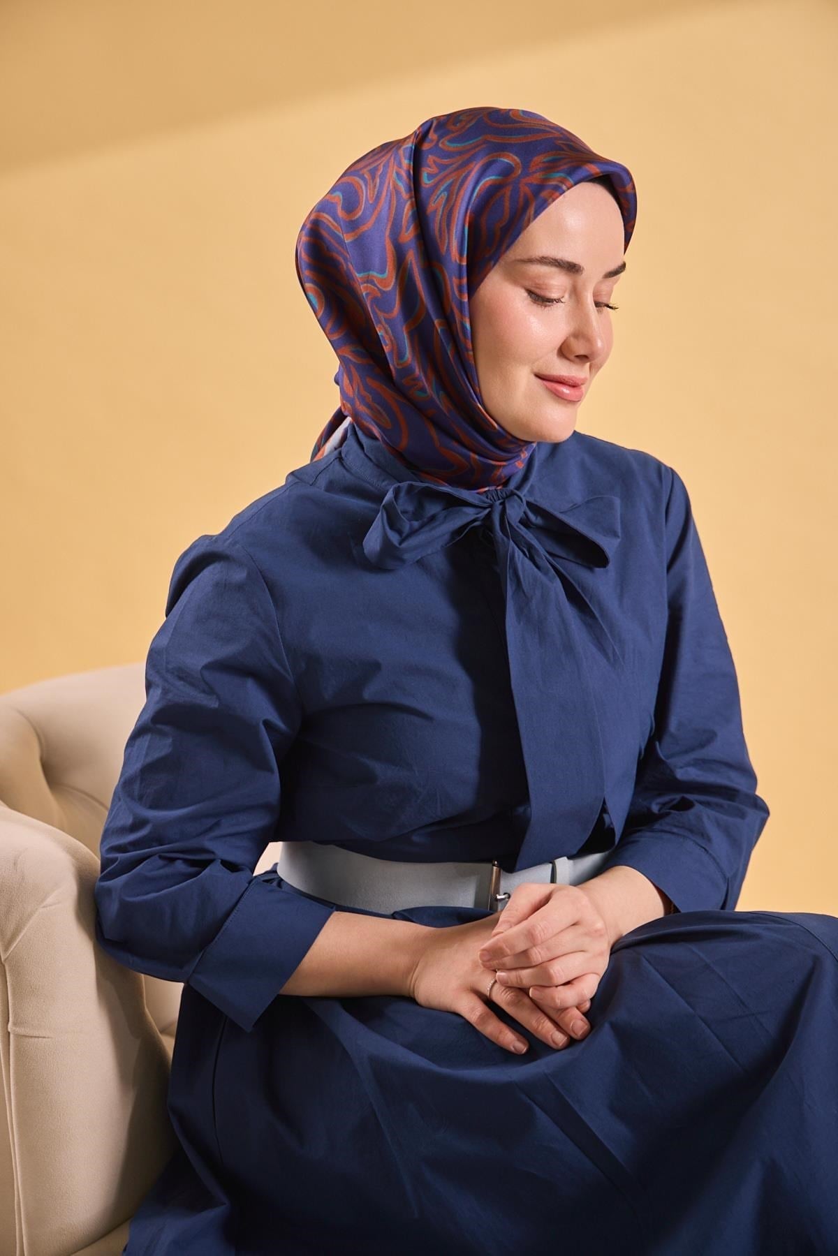 Twill İpek Eşarp Line Lacivert