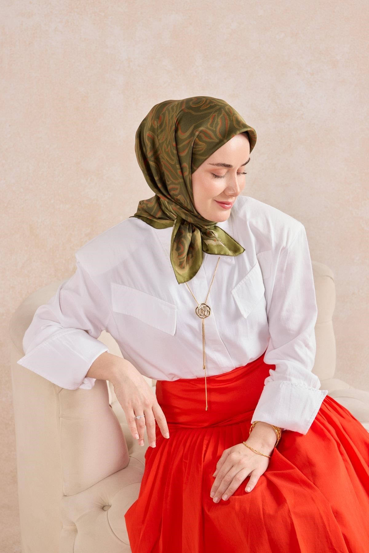 Twill İpek Eşarp Line Yeşil