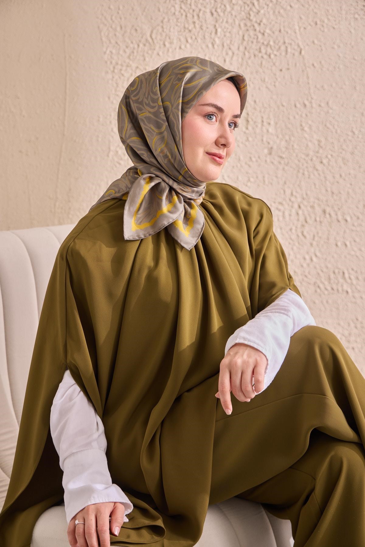 Twill İpek Eşarp Line Yeşil Gri