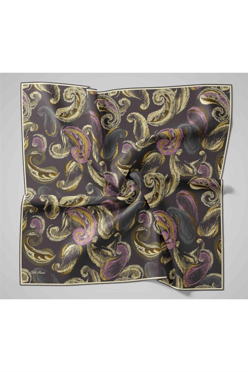 Twill İpek Eşarp Mavi Gri-Butter Yellow Desenli Tok Duruşlu 90x90