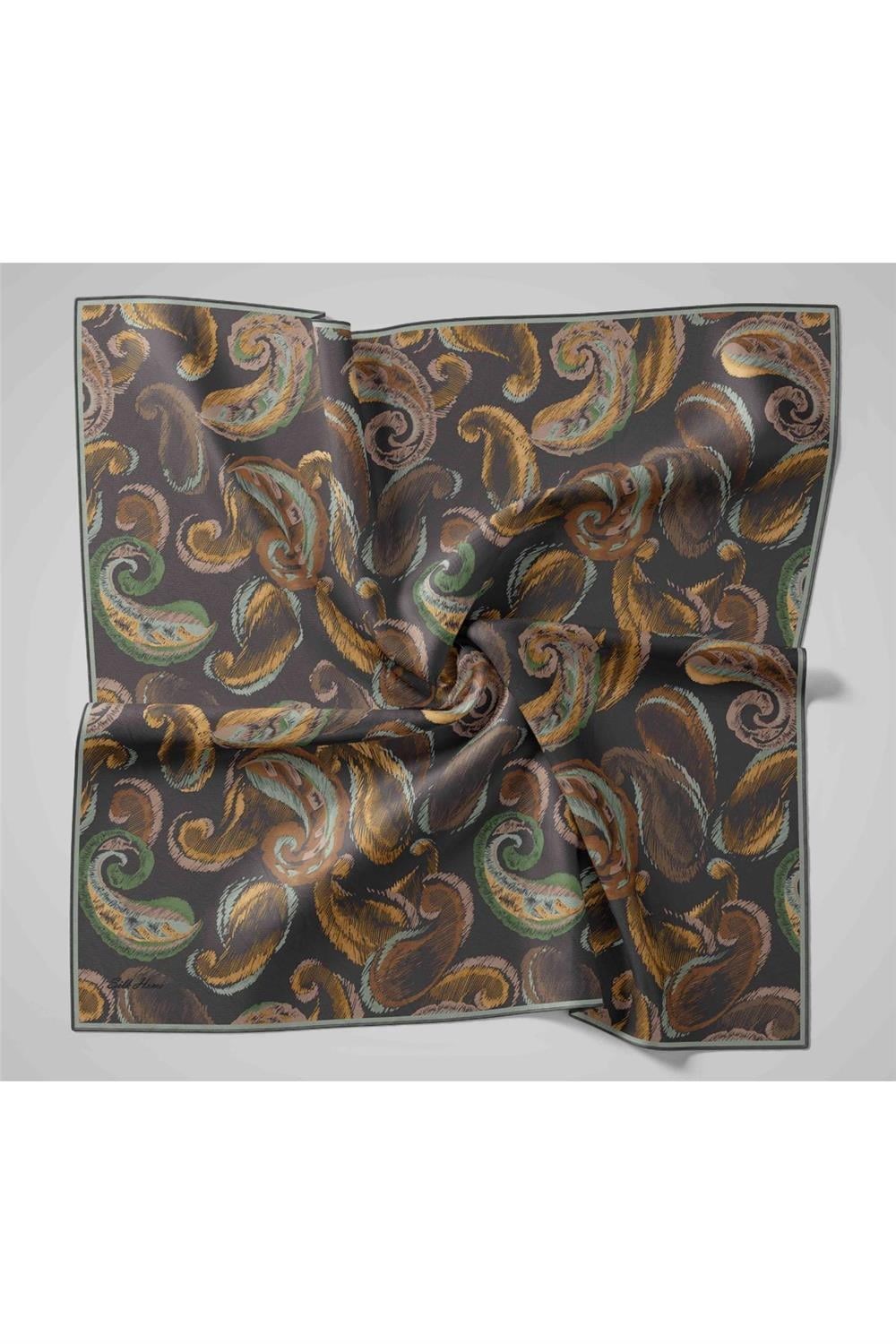 Twill İpek Eşarp Mavi Gri-Hardal Desenli Tok Duruşlu 90x90
