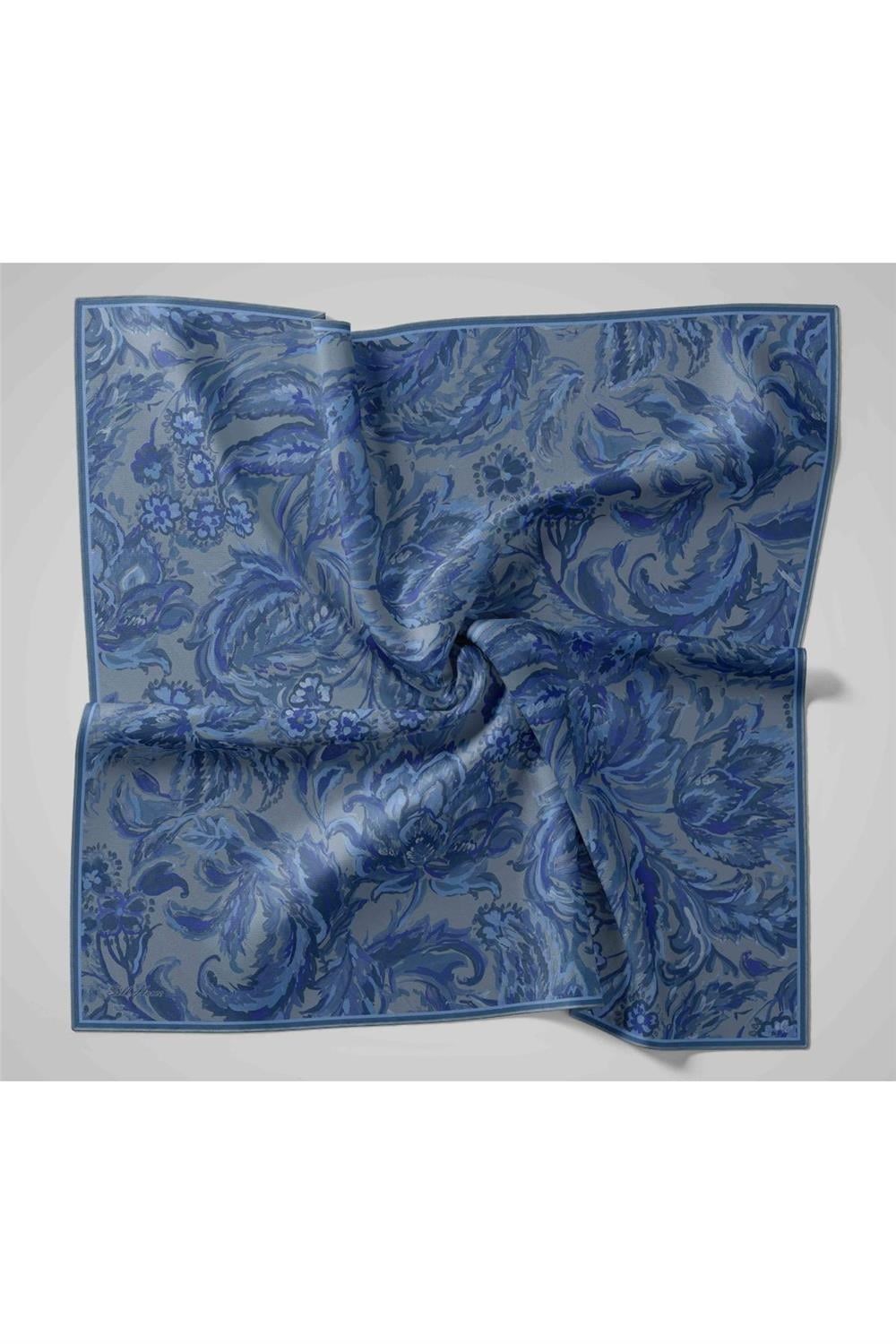 Twill İpek Eşarp Metalik Gri-İndigo Desenli Tok Duruşlu 90x90