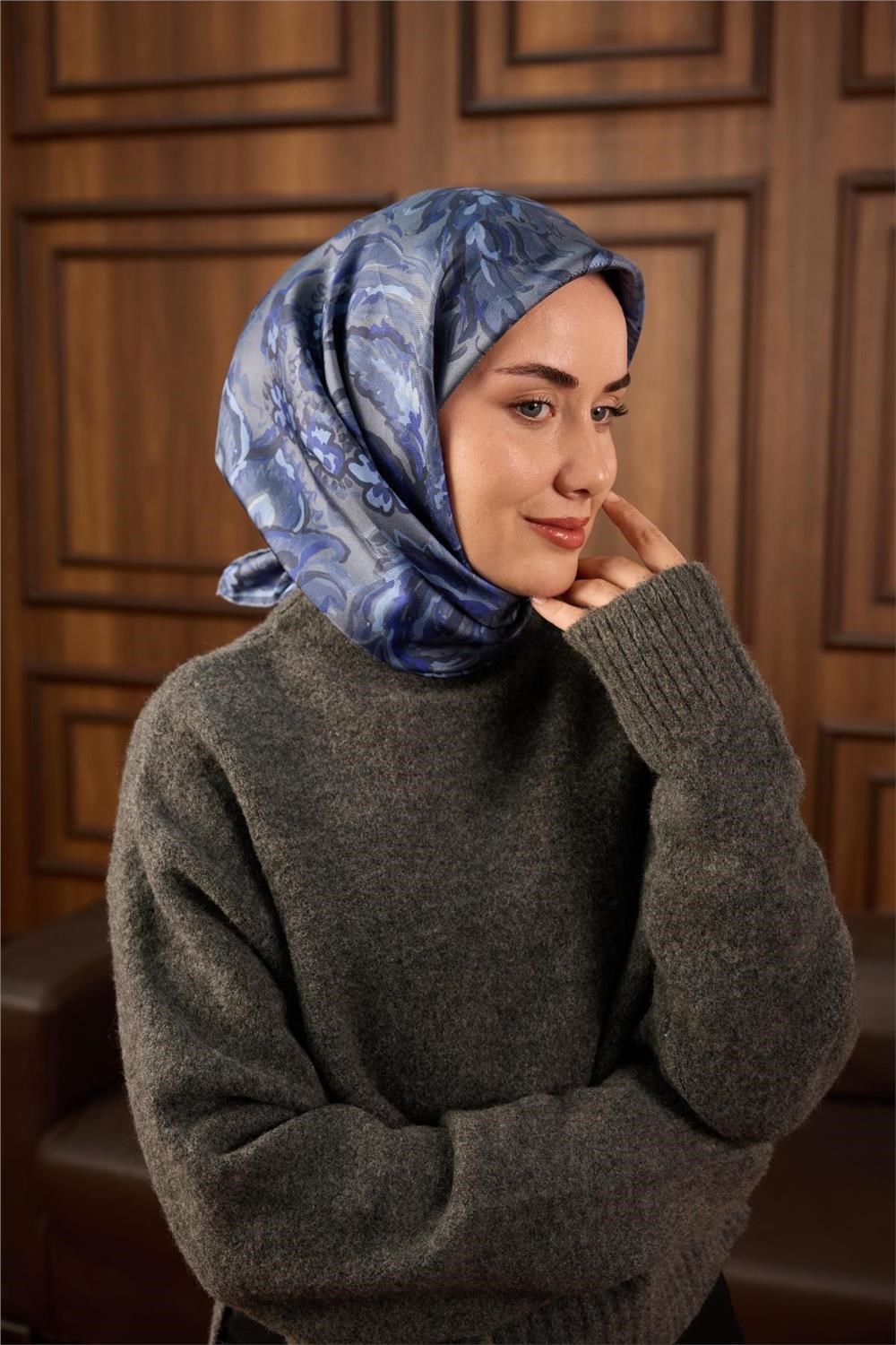Twill İpek Eşarp Metalik Gri-İndigo Desenli Tok Duruşlu 90x90
