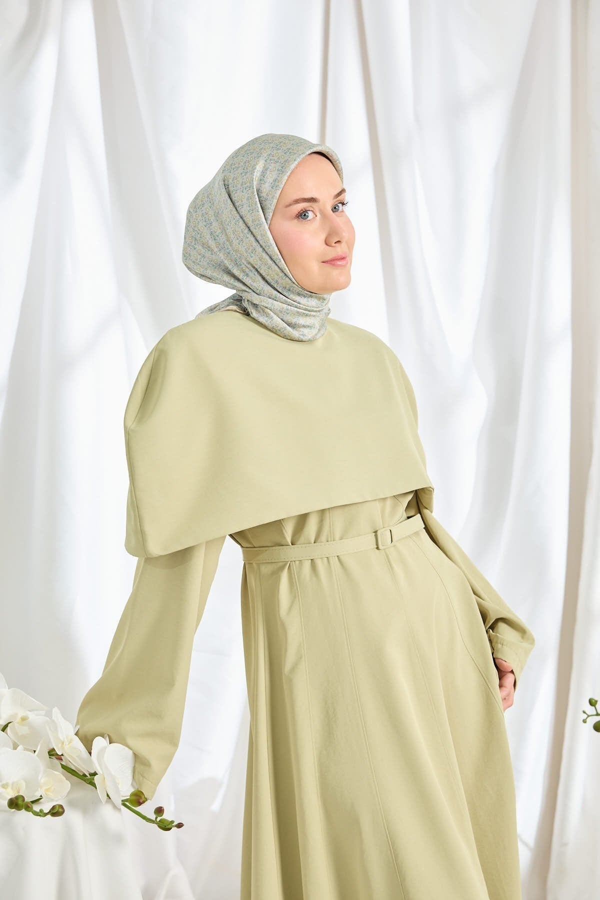 Twill İpek Eşarp Mini Bouquet Mavi Gri