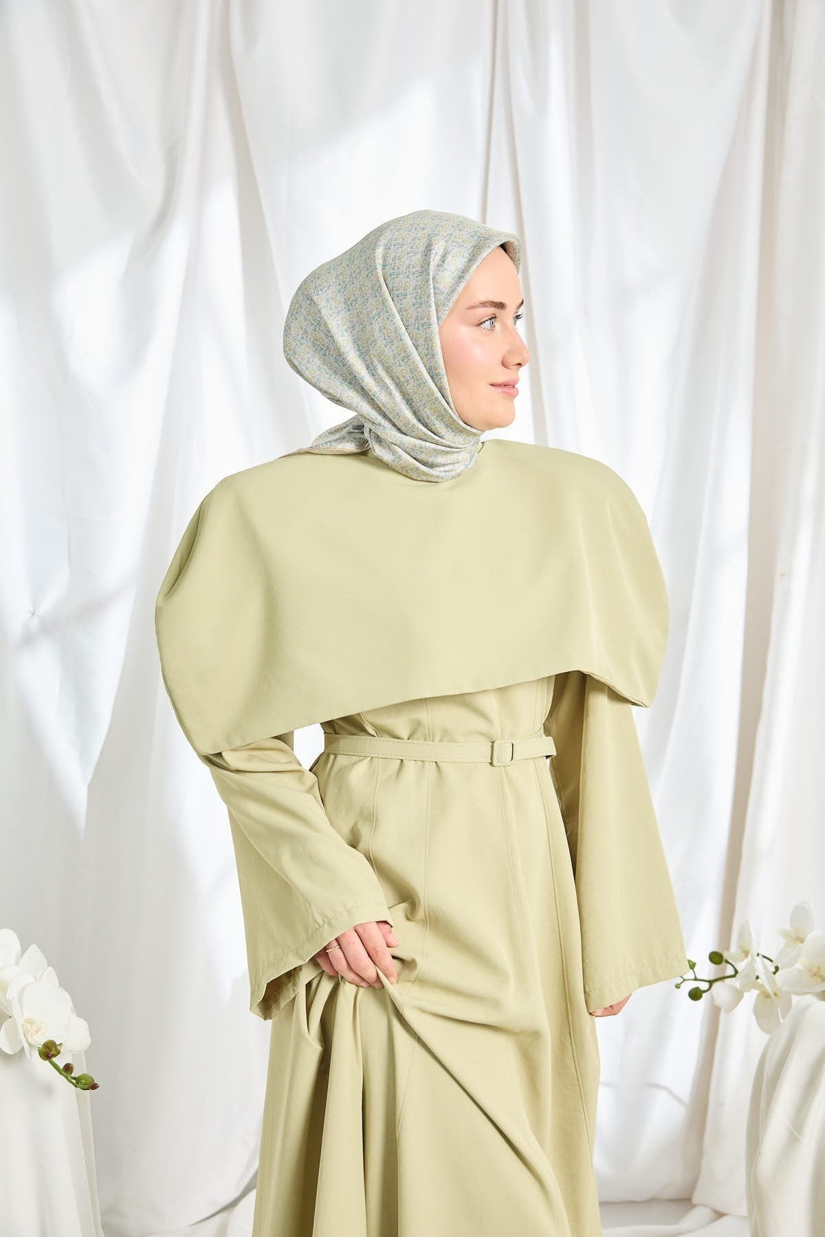 Twill İpek Eşarp Mini Bouquet Mavi Gri