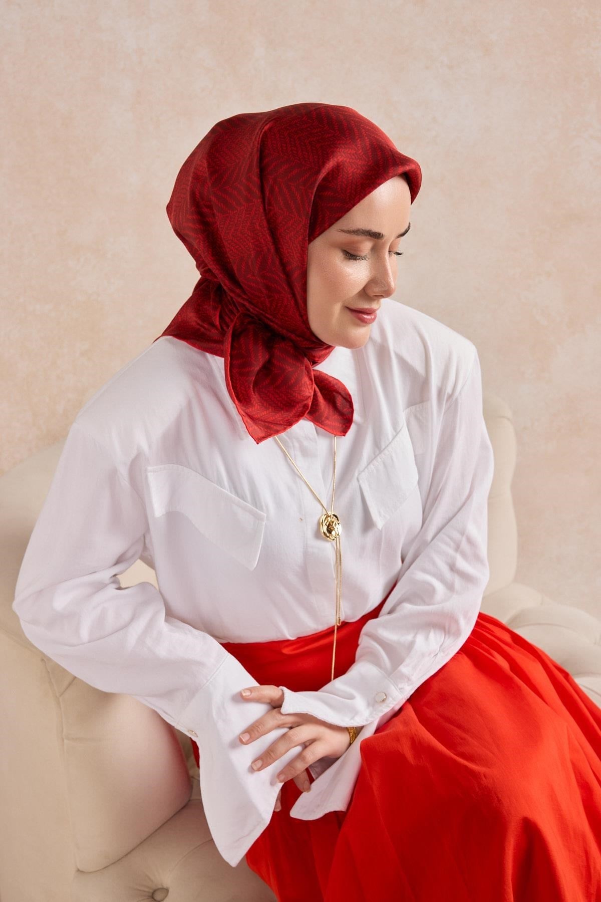 Twill İpek Eşarp Minimal Desen Bordo 90x90