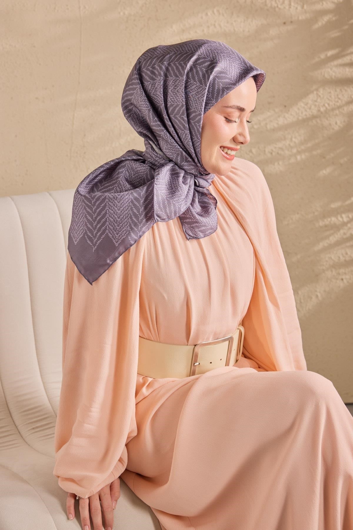 Twill İpek Eşarp Minimal Desen Füme 90x90
