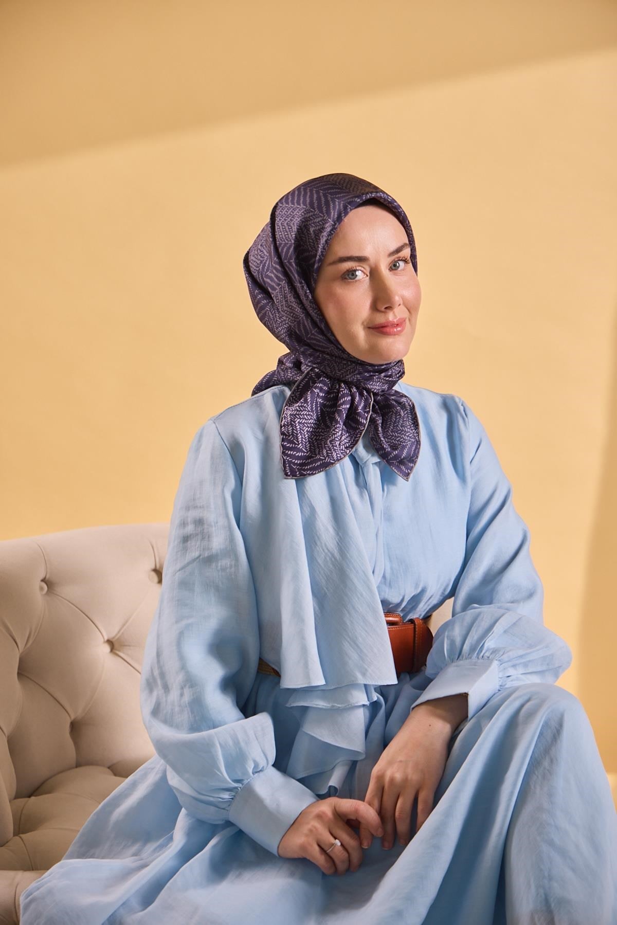 Twill İpek Eşarp Minimal Desen Koyu Mor 90x90