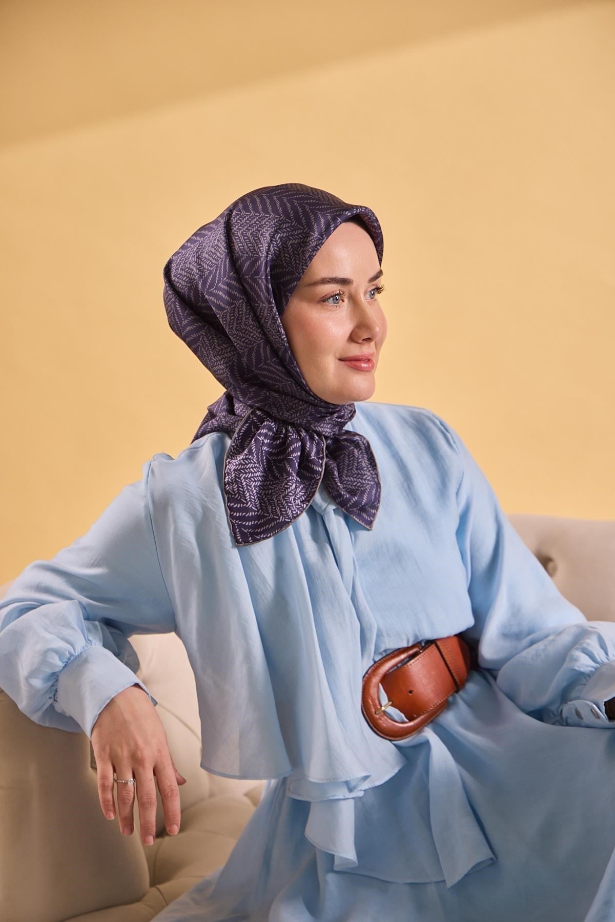 Twill İpek Eşarp Minimal Desen Koyu Mor 90x90