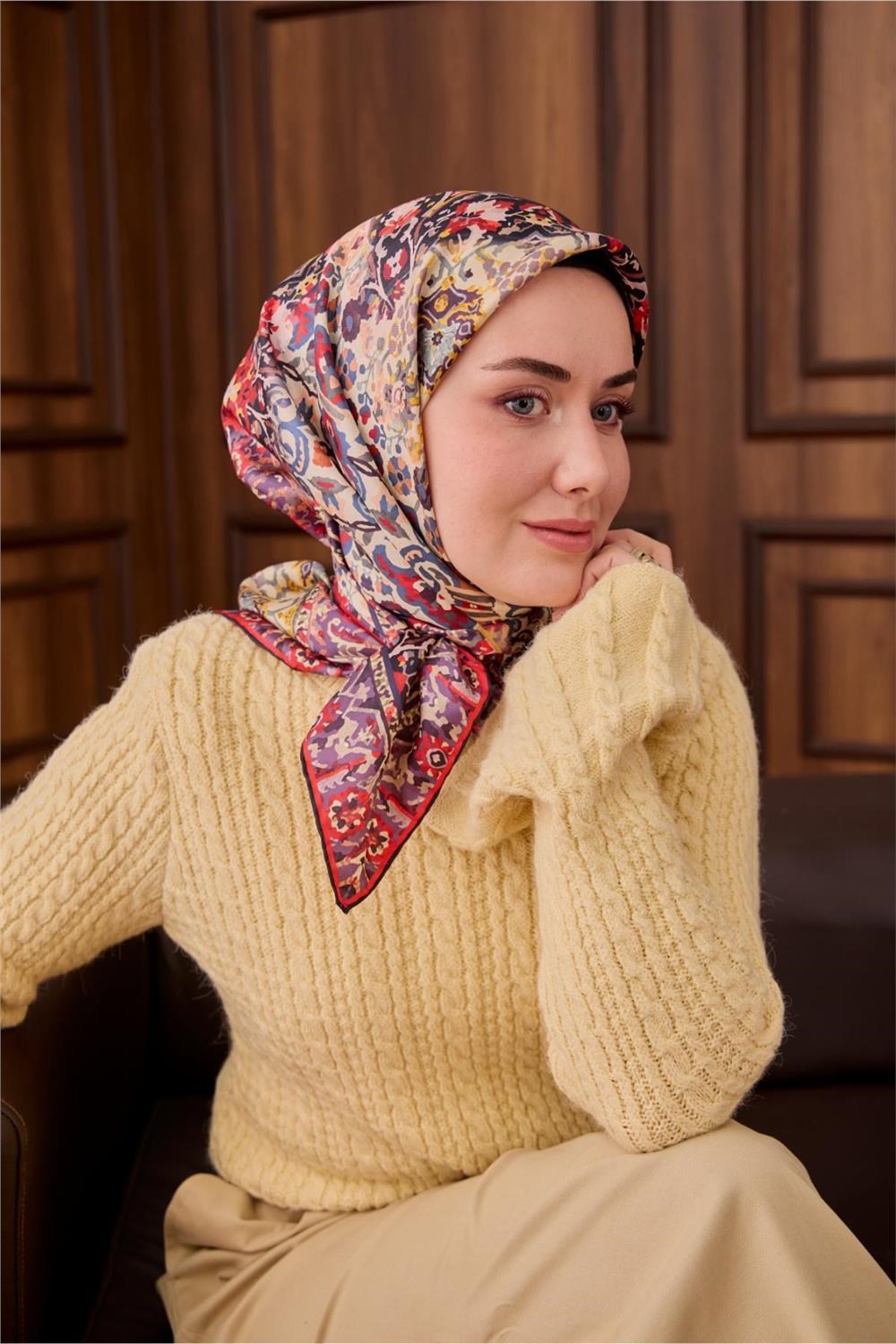 Twill İpek Eşarp Mor-Butter Yellow Desenli Tok Duruşlu 90x90