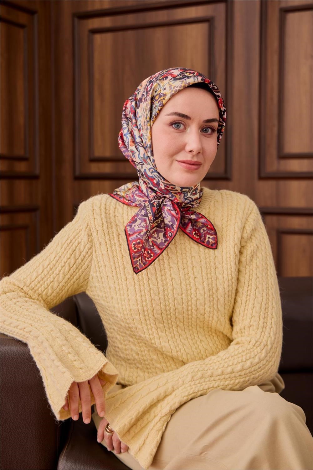 Twill İpek Eşarp Mor-Butter Yellow Desenli Tok Duruşlu 90x90