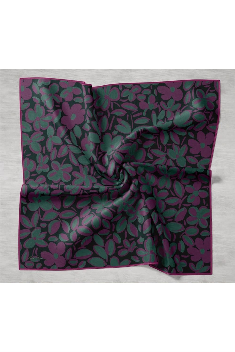 Twill İpek Eşarp Mor-Çağla Papatya Desenli Tok Duruşlu 90x90
