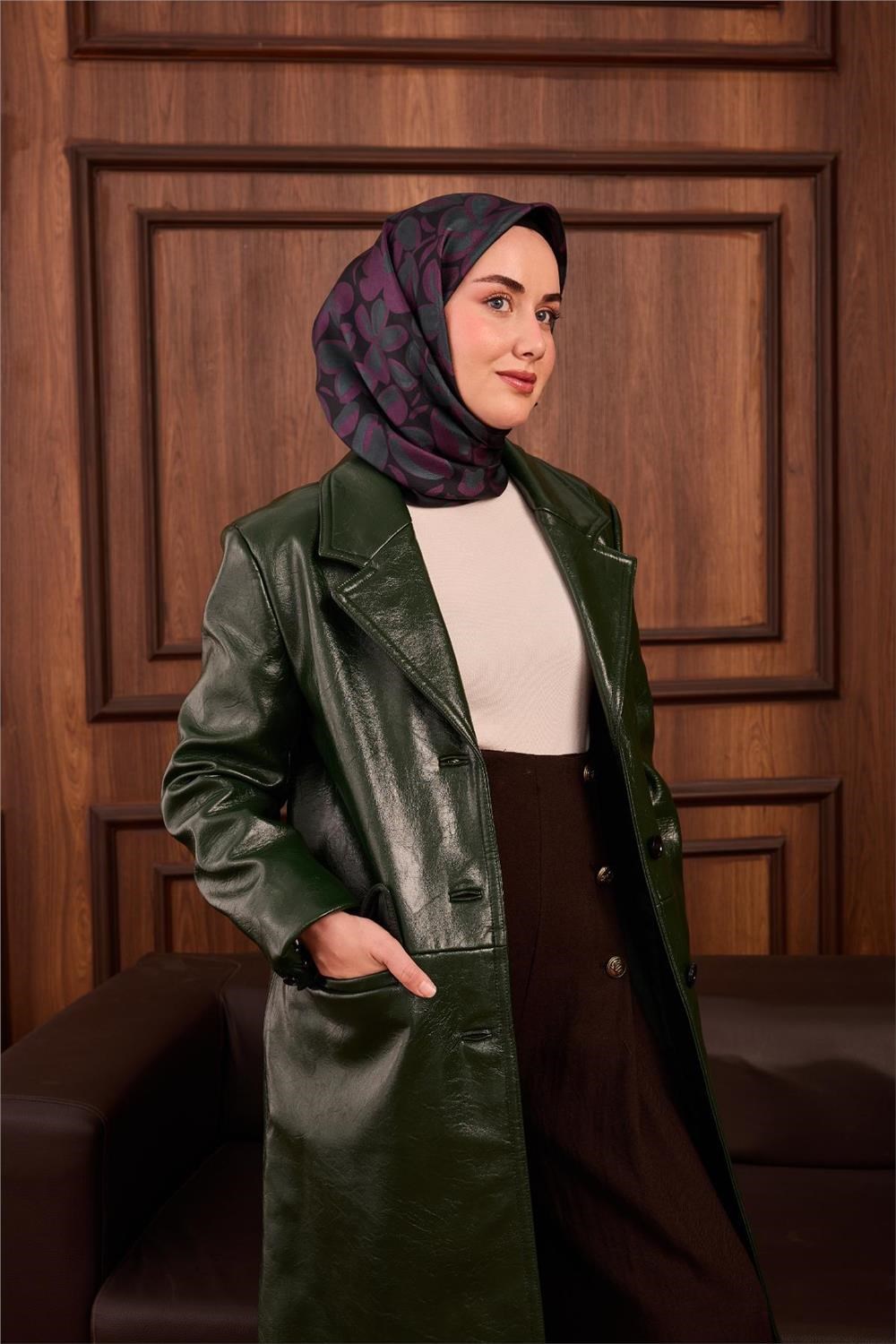 Twill İpek Eşarp Mor-Çağla Papatya Desenli Tok Duruşlu 90x90