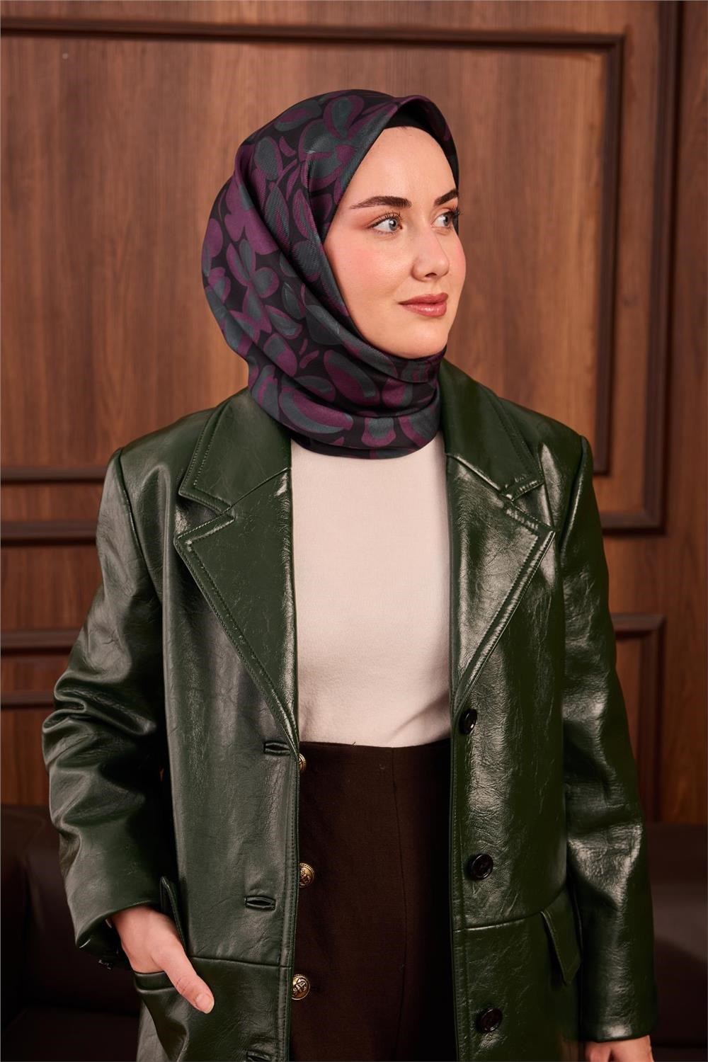 Twill İpek Eşarp Mor-Çağla Papatya Desenli Tok Duruşlu 90x90