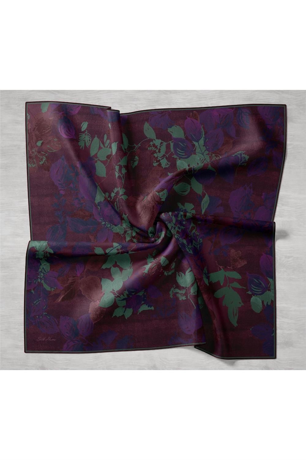 Twill İpek Eşarp Mor-Çağla Yeşili Çiçek Desenli Kaymaz Tok Duruşlu 90x90