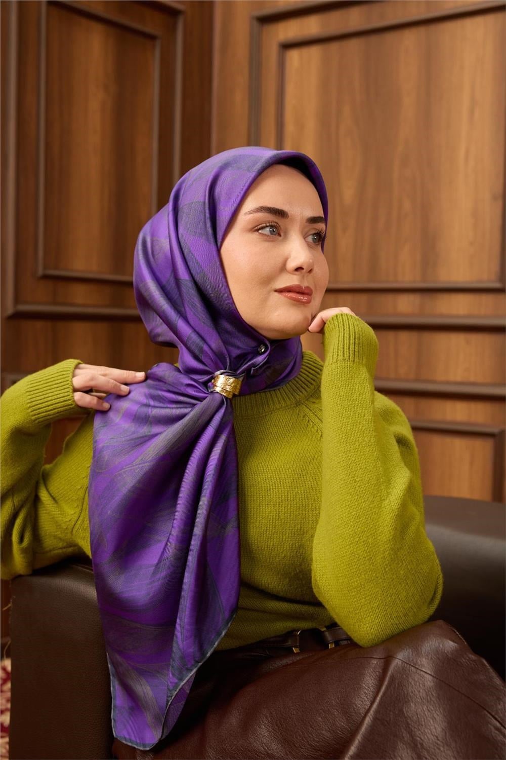 Twill İpek Eşarp Mor-Füme Gri Geçişli Kaymaz Tok Duruşlu 90x90