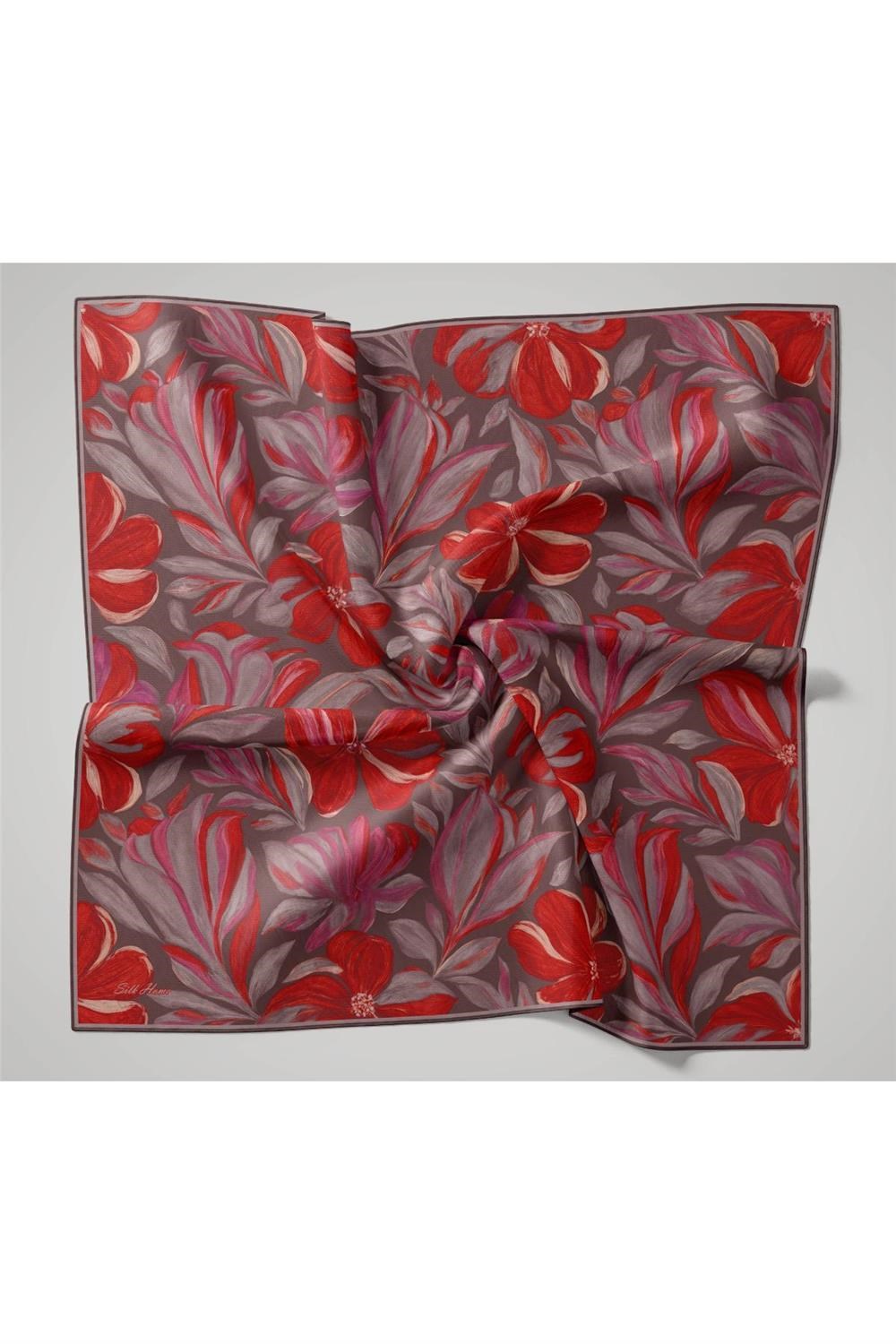 Twill İpek Eşarp Mor-Pastel Mor-Kızıl Turuncu-Pembe Desenli Tok Duruşlu 90x90