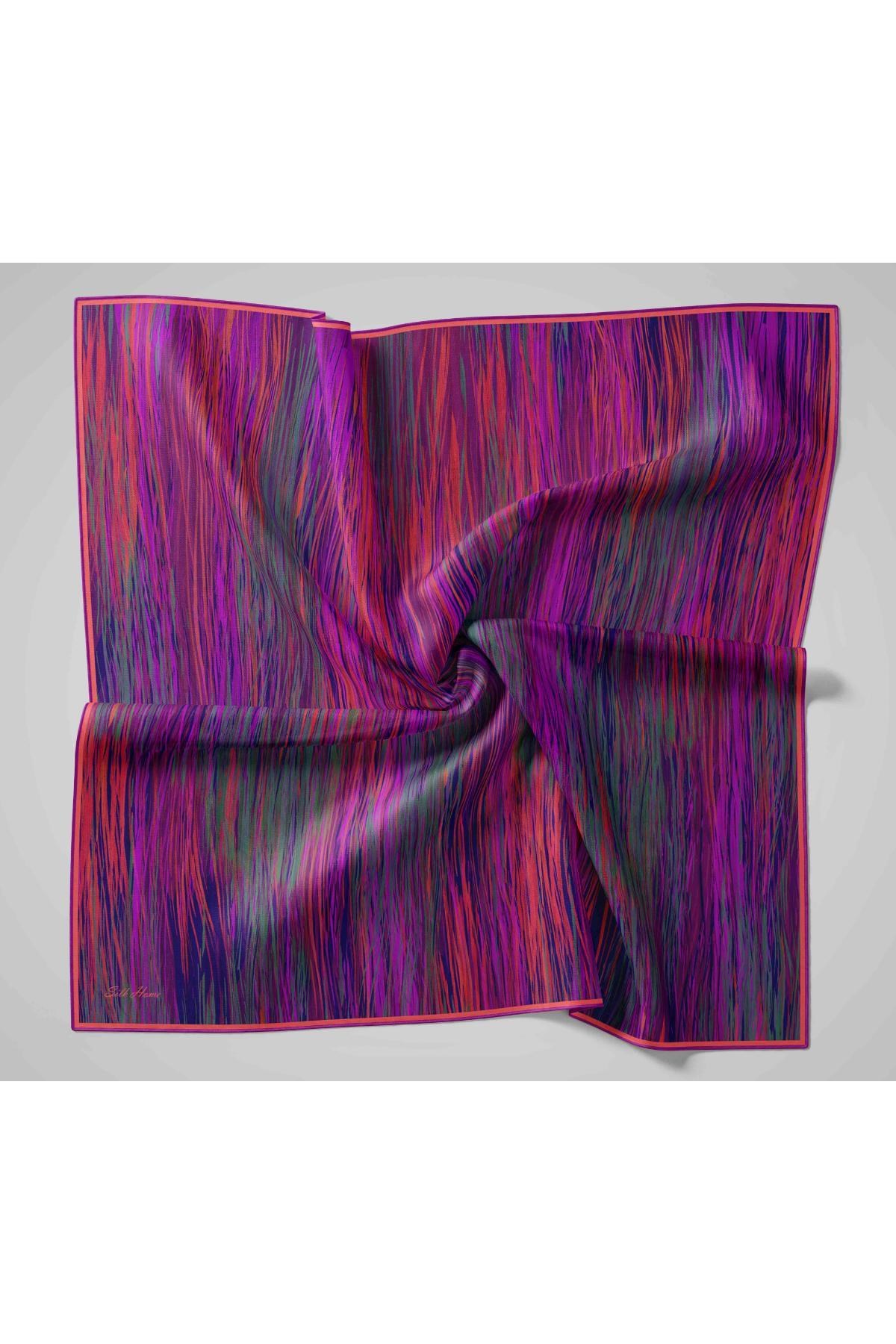 Twill İpek Eşarp Mor-Pembe Desenli Tok Duruşlu 90x90