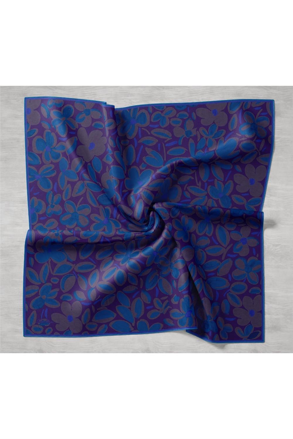 Twill İpek Eşarp Mor Saks Acı Kahve Papatya Desenli Tok Duruşlu 90x90
