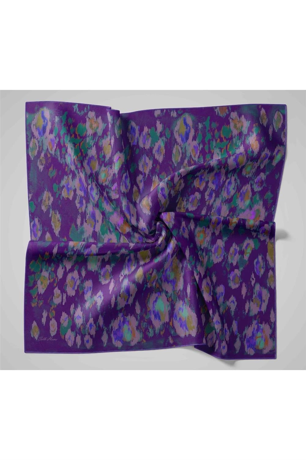 Twill İpek Eşarp Mor-Zümrüt Yaprak Desenli Tok Duruşlu 90x90