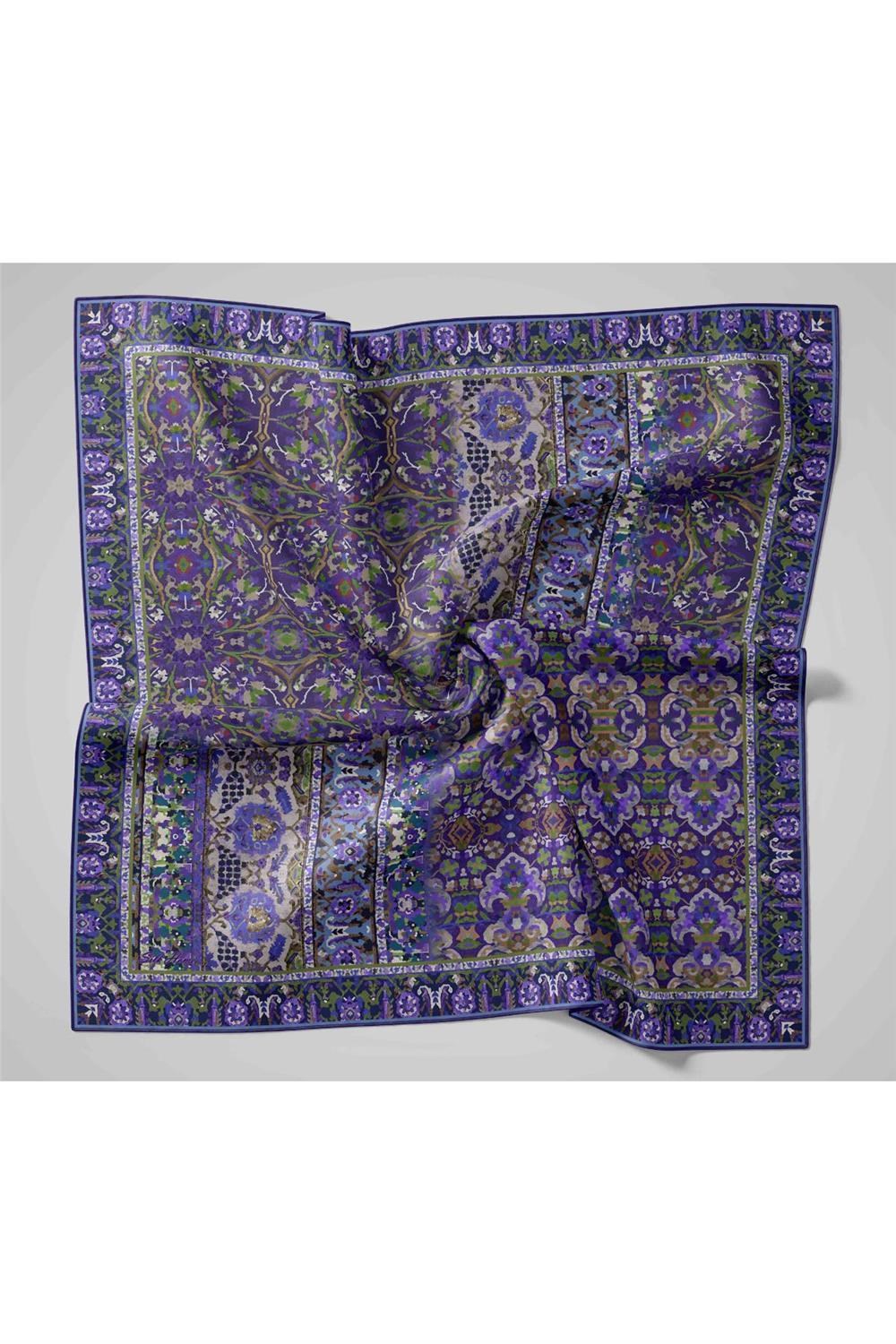 Twill İpek Eşarp Mor–Bebe Mavi Desenli Tok Duruşlu Kaymaz 90x90