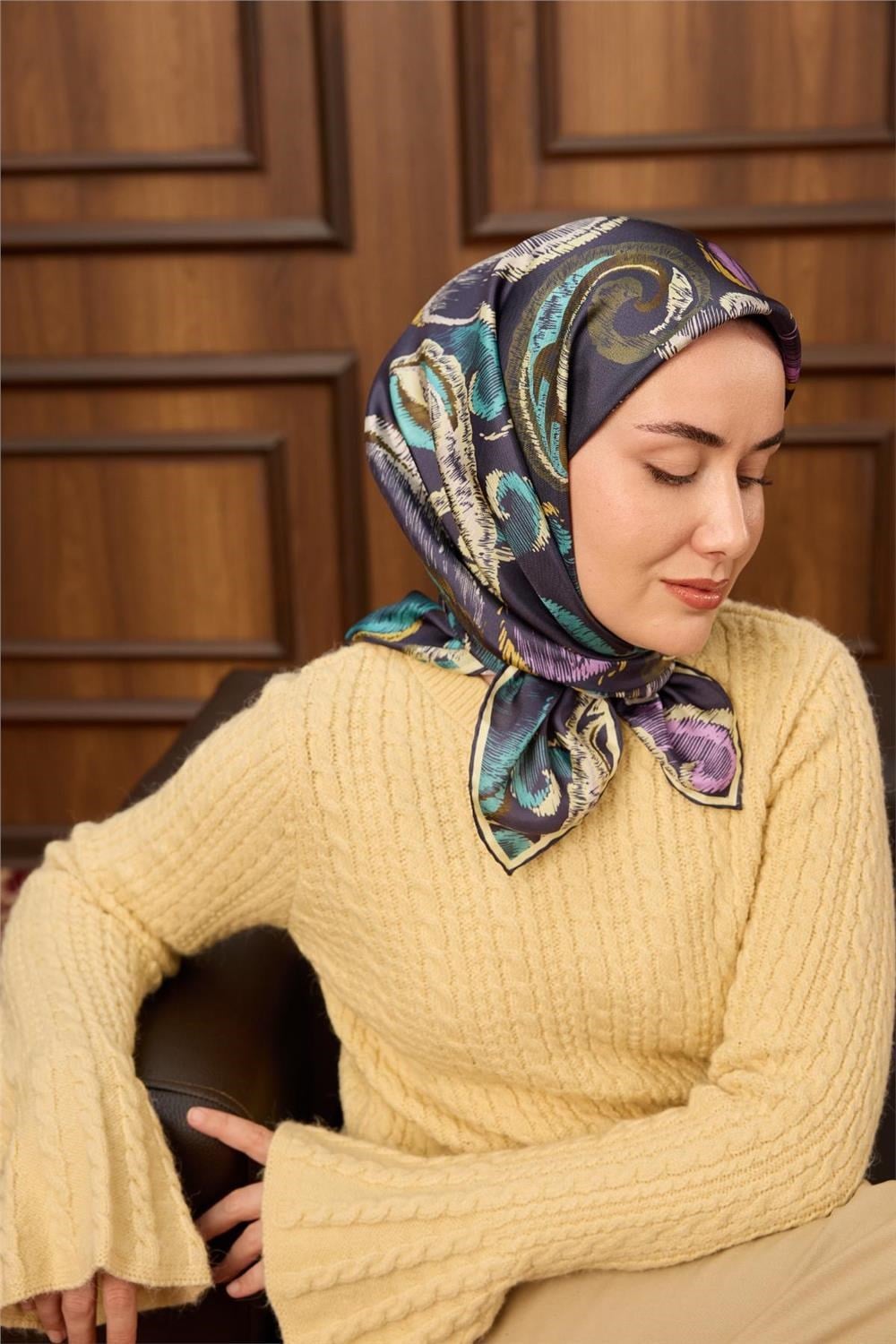 Twill İpek Eşarp Morcivert-Butter Desenli Tok Duruşlu 90x90